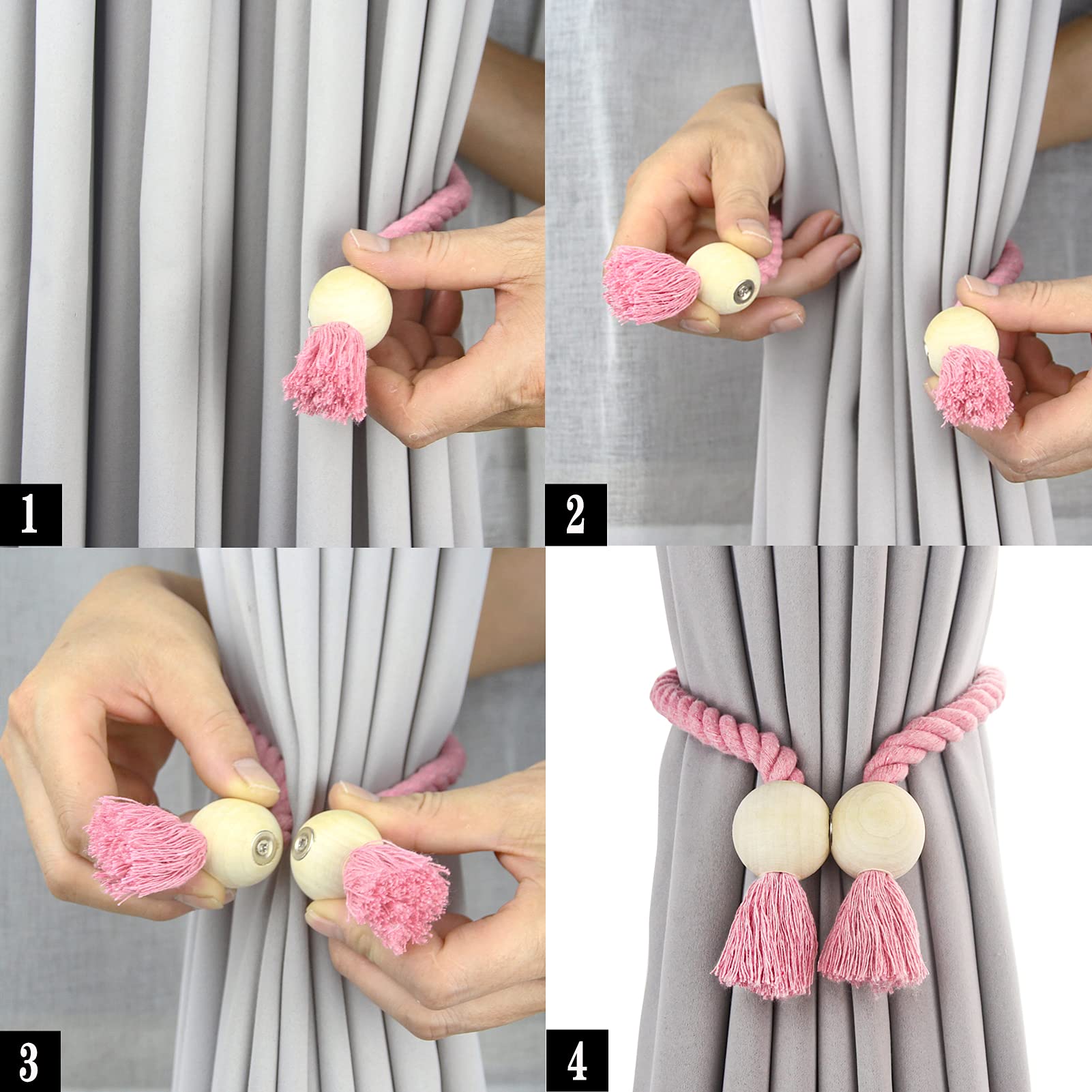 Lot de 6 embrasses magnétiques en coton tissé à la main pour rideaux avec boucle en bois Rose Aucun outil nécessaire