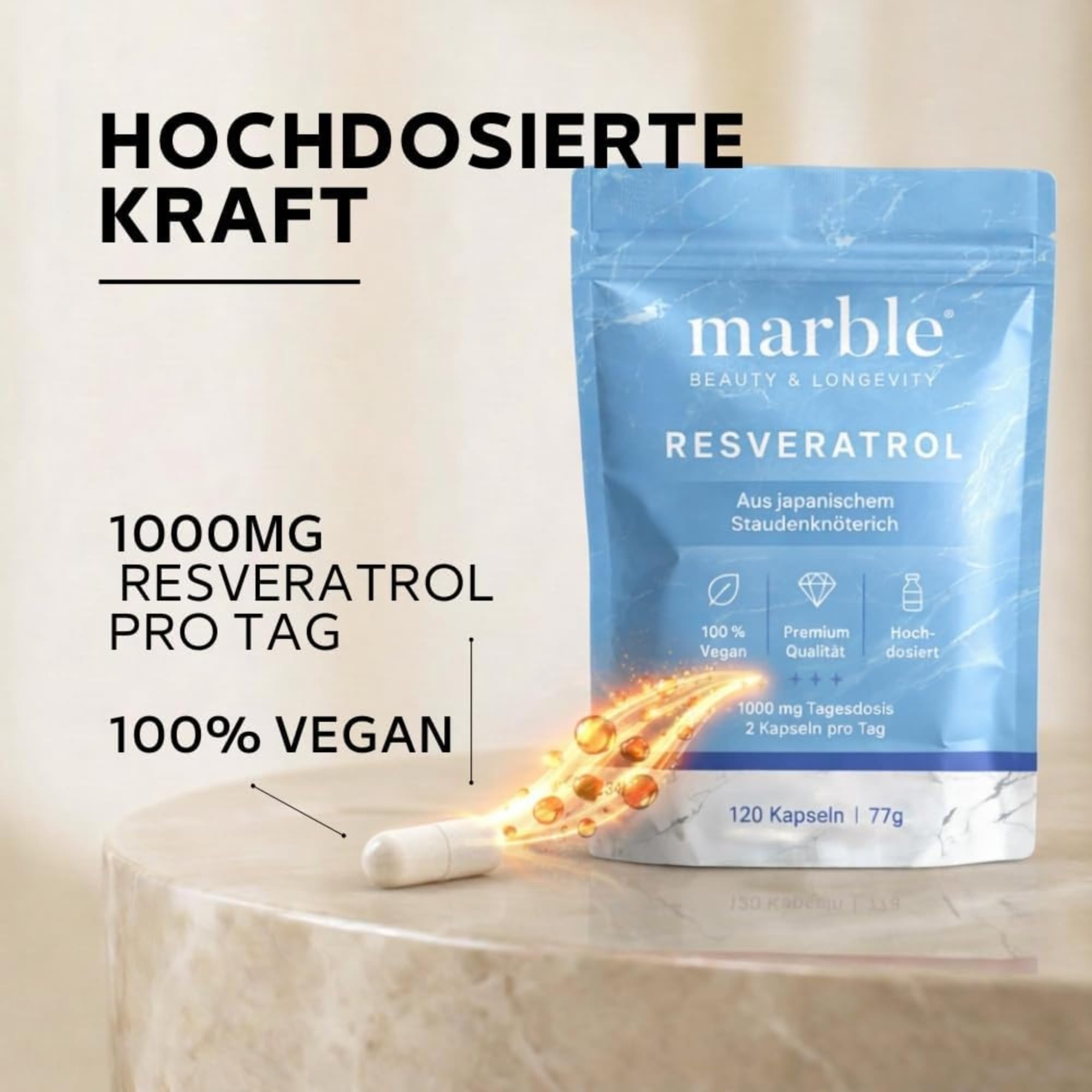 marble® Trans-Resveratrol 1000 mg, 120 vegane Kapseln - 2 Monatsvorrat, aus Japanischem Staudenknöterich 100:1 Extrakt + Piperin, laborgeprüft, Made in Germany - 30 Tage risikofrei testen