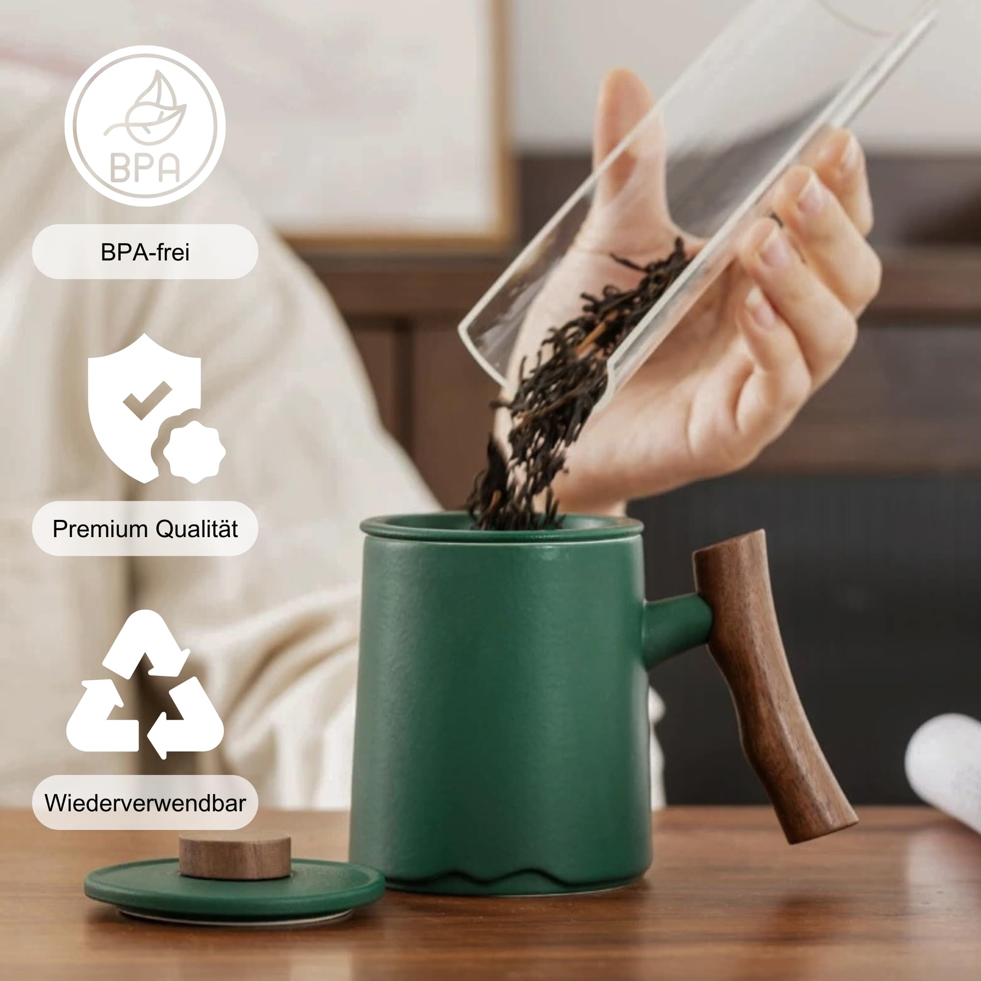 JanYoo Teetasse mit Deckel und Sieb,360ml Palisandergriff Keramik Losen Teebecher,Matte Steinzeug Glasierte Teetassen für Einweichen Tee Grün