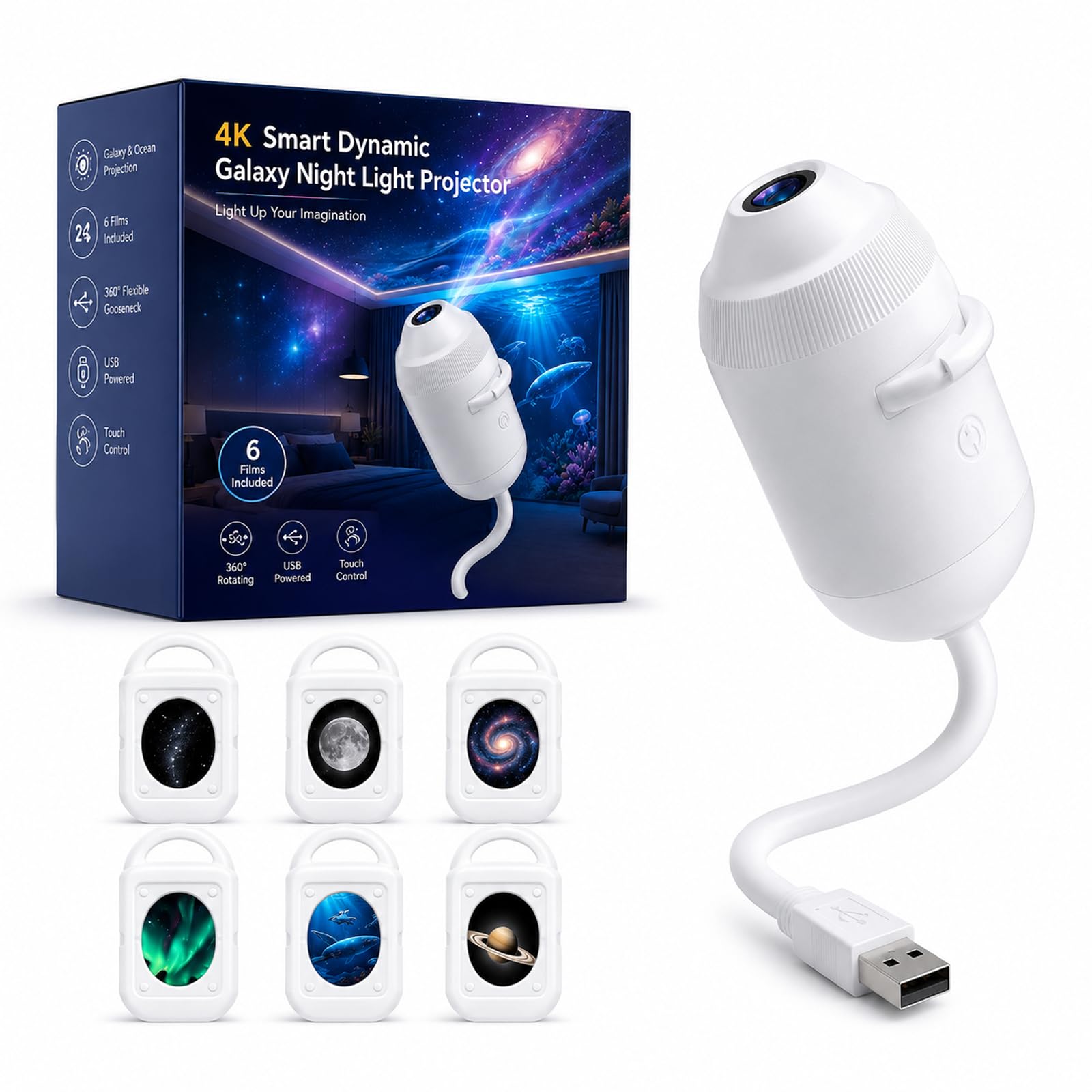 HD Smart Dynamic 5D Holographic Night Light Projector, Plug and Play Galaxy Star and Ocean Projector with 24 Films, 360 Rotating USB Ceiling Light for Bedroom Kids Room Gaming Room Decor (6PCS)