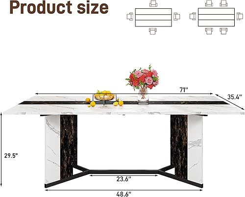 Miniatura 2 de Mesa de comedor de 71 pulgadas para 4, 5, 6 personas | Mesa de cocina rectangular moderna blanca y negra con tablero de madera impermeable, mesas de