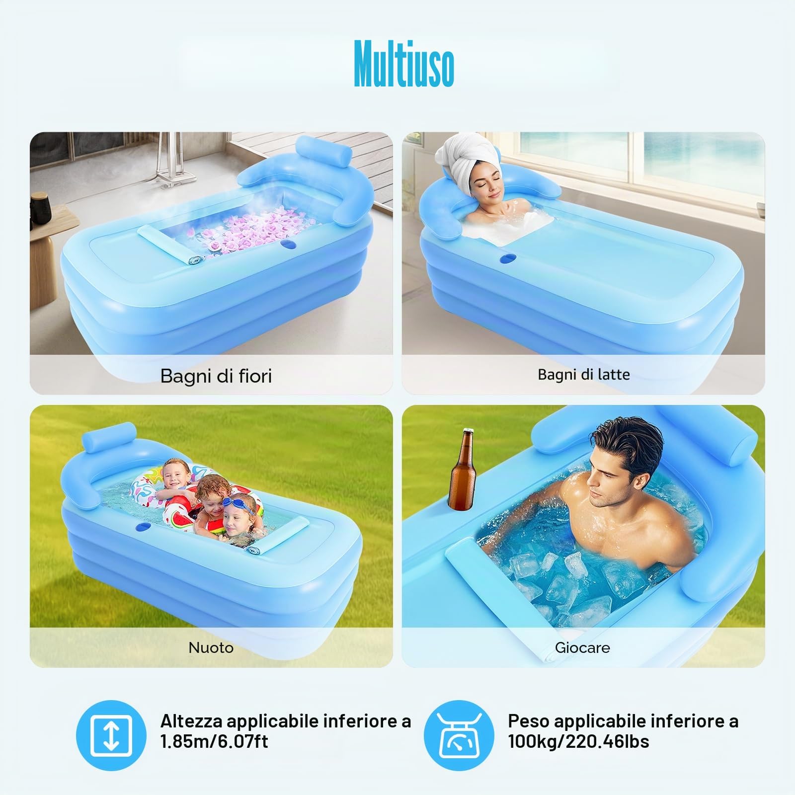 Vasca da bagno gonfiabile per adulti, vasca da bagno pieghevole in plastica per la doccia, vasca da bagno pieghevole in PVC per adulti e bambini con schienale, per bagno, balcone e campeggio (senza