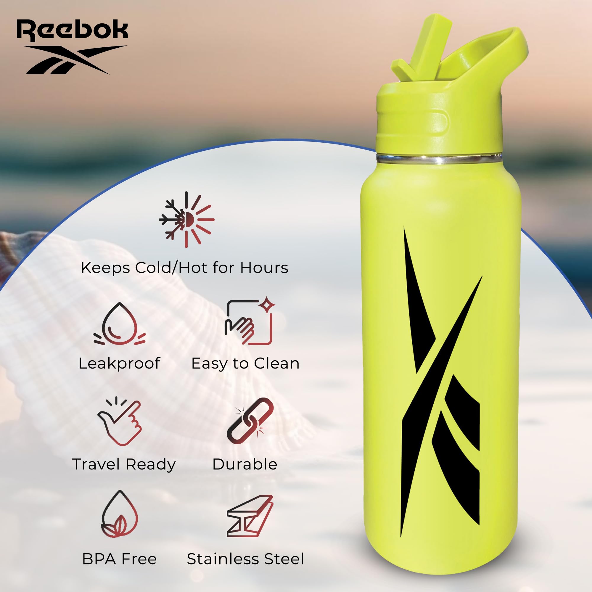 Reebok Edelstahl-Wasserflasche mit Strohhalm-Deckel und sportlichem Design, doppelwandig, vakuumisoliert, Sport-Trinkflasche mit Strohhalm, BPA-frei, 900 ml, Gelb mit schwarzem Vektor