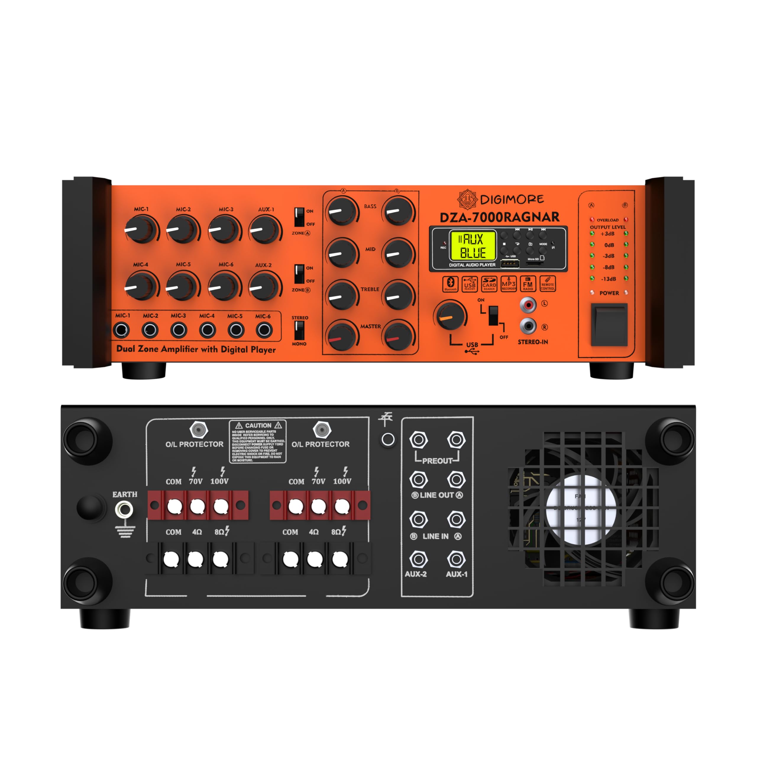 DIGIMORE Dual Zone Professional Audio Amplifier| 500W+500W Max & 350W+350W RMS Output| BT/FM/USB/SD/MMC/MP3 Connectivity| Mono/Stereo Switch| 6 Mic & 2 Aux Inputs| AC Fan Cooling (DZA-7000 Ragnar)-image-27