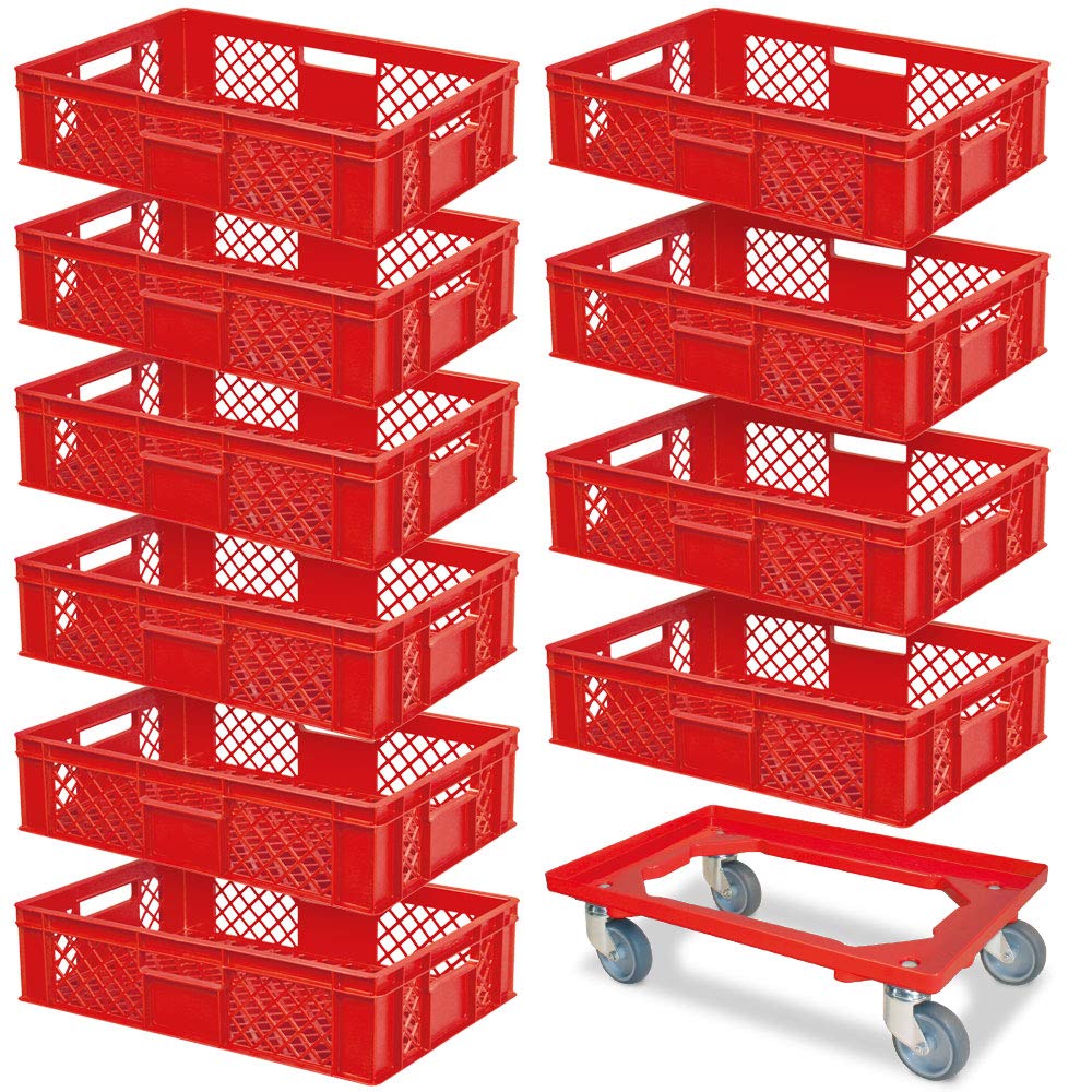 10 contenitori europei, 600 x 400 x 150 mm, qualità industriale, colore rosso, per uso alimentare + 1 carrello per il trasporto con pedana in plastica ABS infrangibile