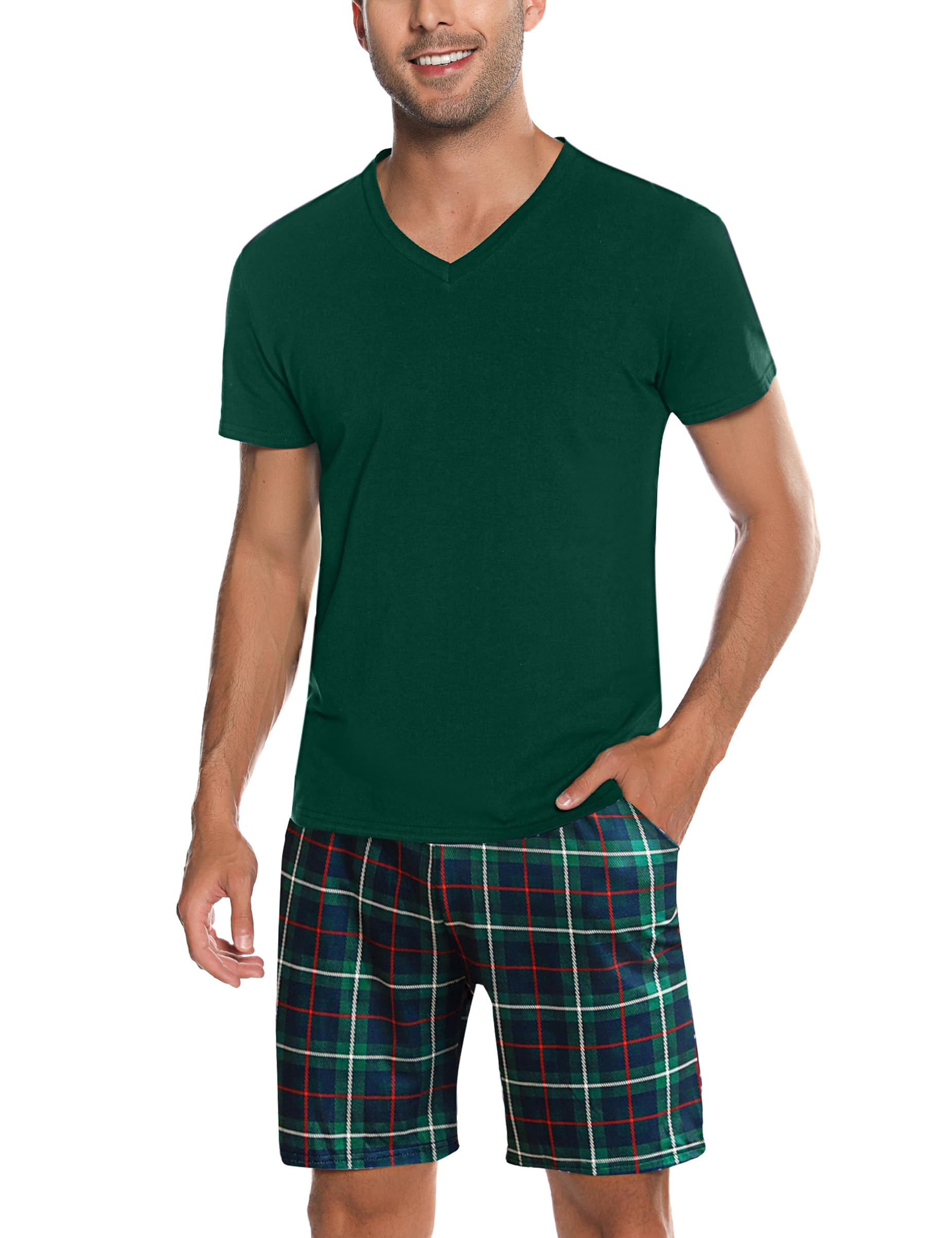 Bresdk Schlafanzug Herren Kurz Pyjama Set Baumwolle Kariert Zweiteilige Nachtwäsche für Herren