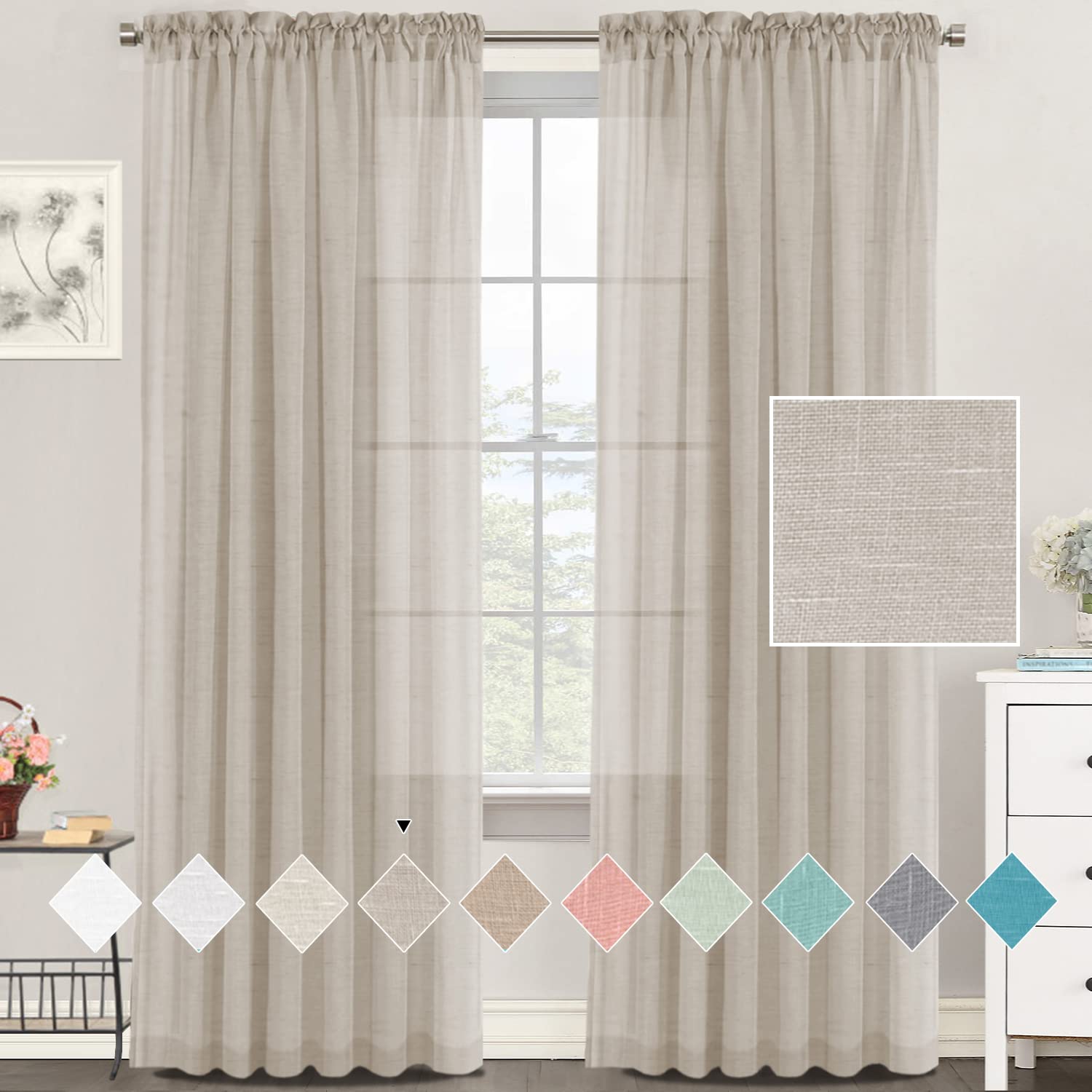 Tenger Home Cortina de lino semitransparente, cortina de gasa con cinta fruncida, para salón o dormitorio, 2 unidades (color lino, 150 x 245 cm)
