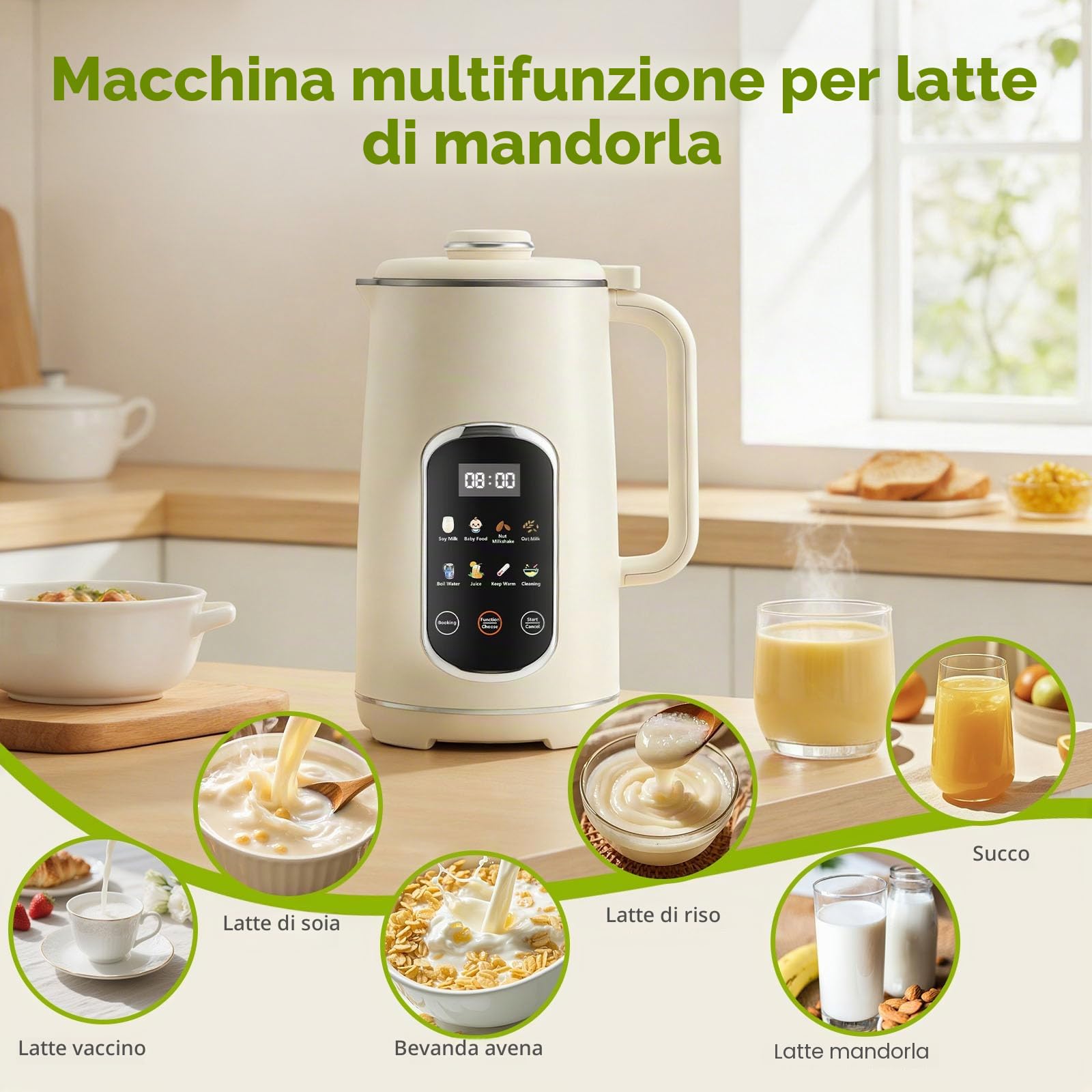 Macchina per Latte Vegetale, 1200 ml Macchina Latte Vegetale con Funzione Autopulente, LED Display, 8 Funzioni, 12 Lame, Macchina per Latte di Soia, Avena E Noci