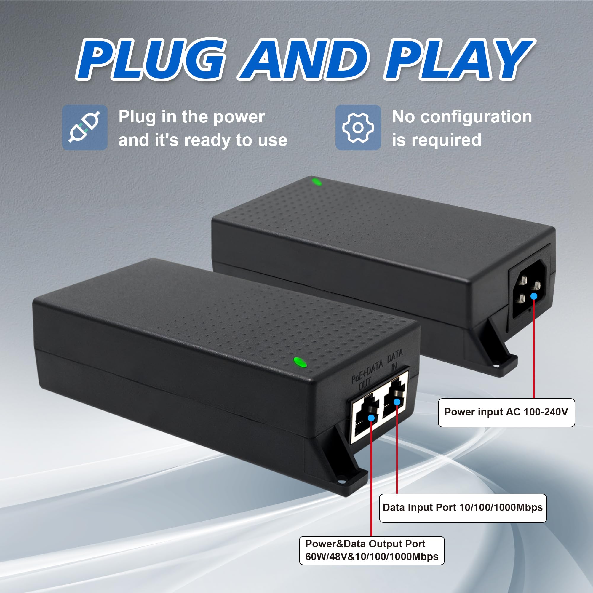 Injecteur Gigabit PoE+ 60 W, 10/100/1000 Mbps, adaptateur Ethernet PoE++, RJ-45 blindé, conforme à la norme IEEE 802.3af/at/bt, jusqu'à 100 mètres, Plug & Play, M921-E-60W