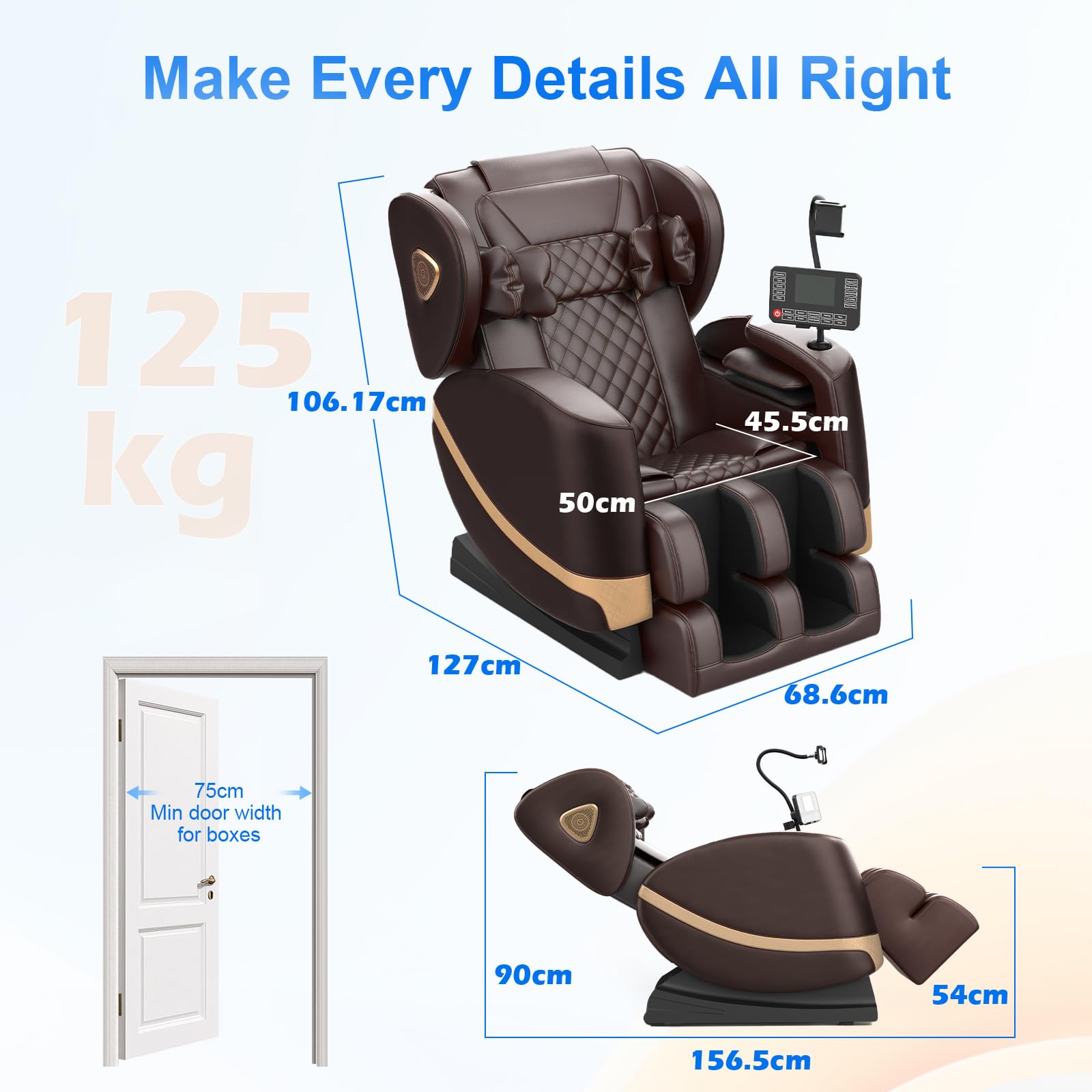 Sillón de Masaje, con Modo de Gravedad Cero, 14 Ruedas y 8 Airbags de Confort, con Calefacción para Cintura y Piernas, Masaje de Pies, Reproductor Bluetooth y Pantalla Táctil (Marrón)