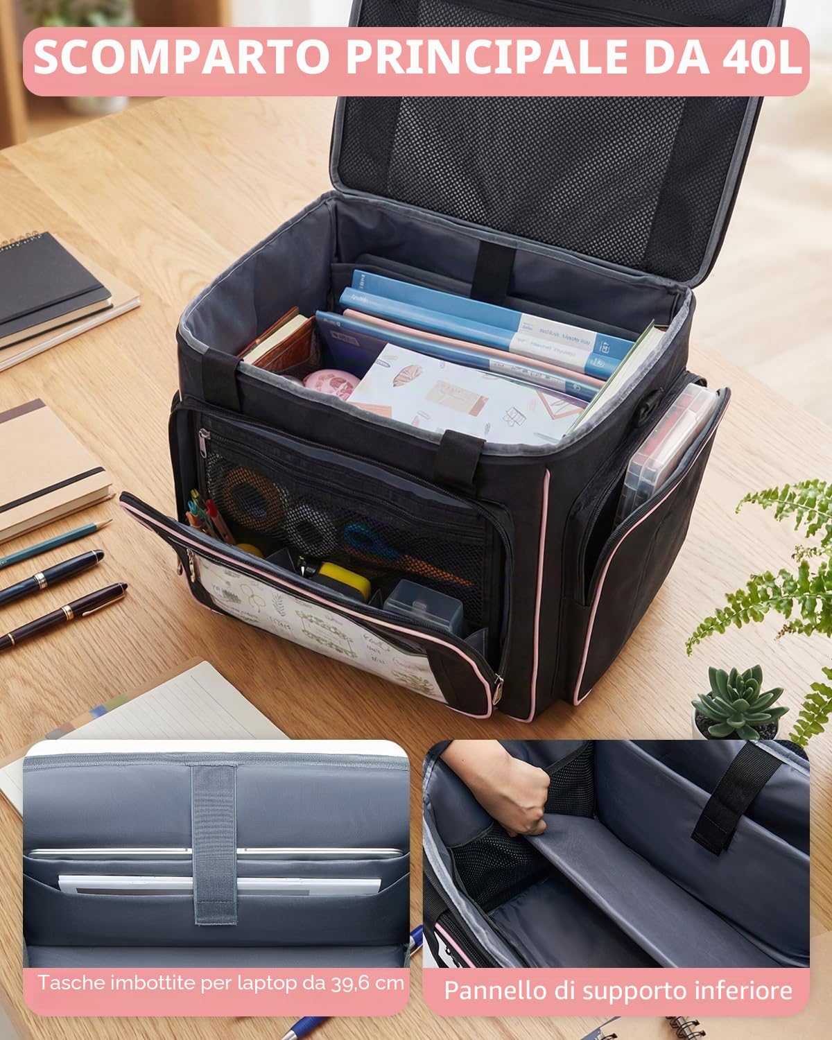 Amythe Rolling Teacher Tote Bag con ruote, borsa per computer portatile da donna, scomparto per laptop da 15,6", nero