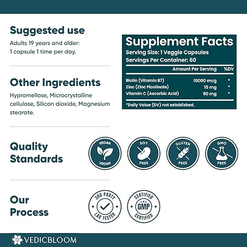 Miniatura 6 de Cápsulas de biotina 10,000 mcg  Cápsulas veganas de alta potencia para un cabello, piel y uñas saludables  Sin gluten, sin OMG, 60 cápsulas