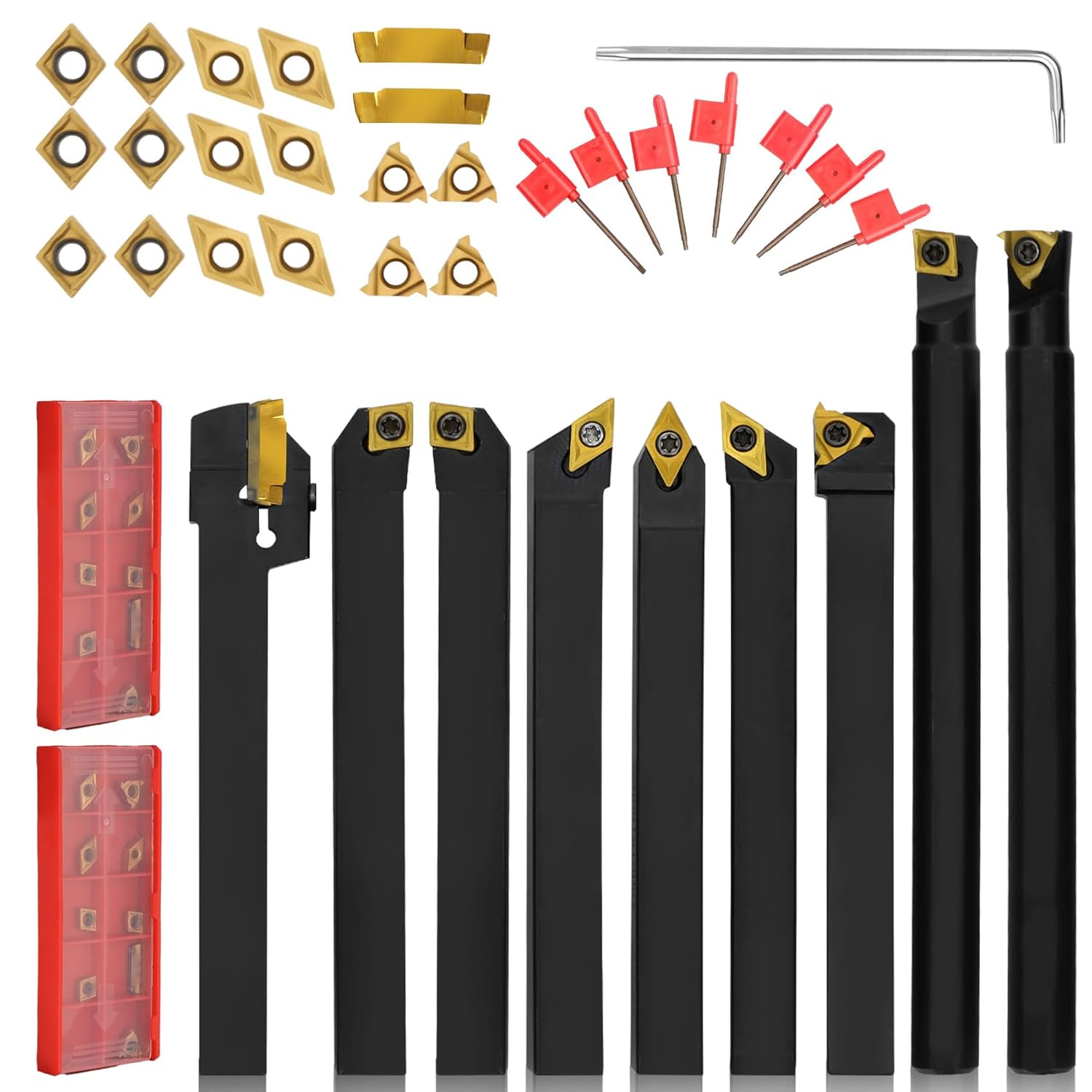 Indexable Lathe Turning Tool 27Pcs Kit 1/2'' 12mm Shank, 9Pcs Metal Lathe Tools Holder Set with 18Pcs Inserts, for Turning Grooving Threading Boring, lathe tooling with reverse tool design
