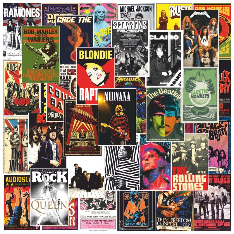 Image of POSTERONN Rock Band Wall Collage Kit Set of 54, 4x6 Inch Aesthetic Music Posters, Vintage Rock Wall Art Prints on Thick Cardstock with Glue Dots, Room Decor for Bedroom Living Room Dorm Office