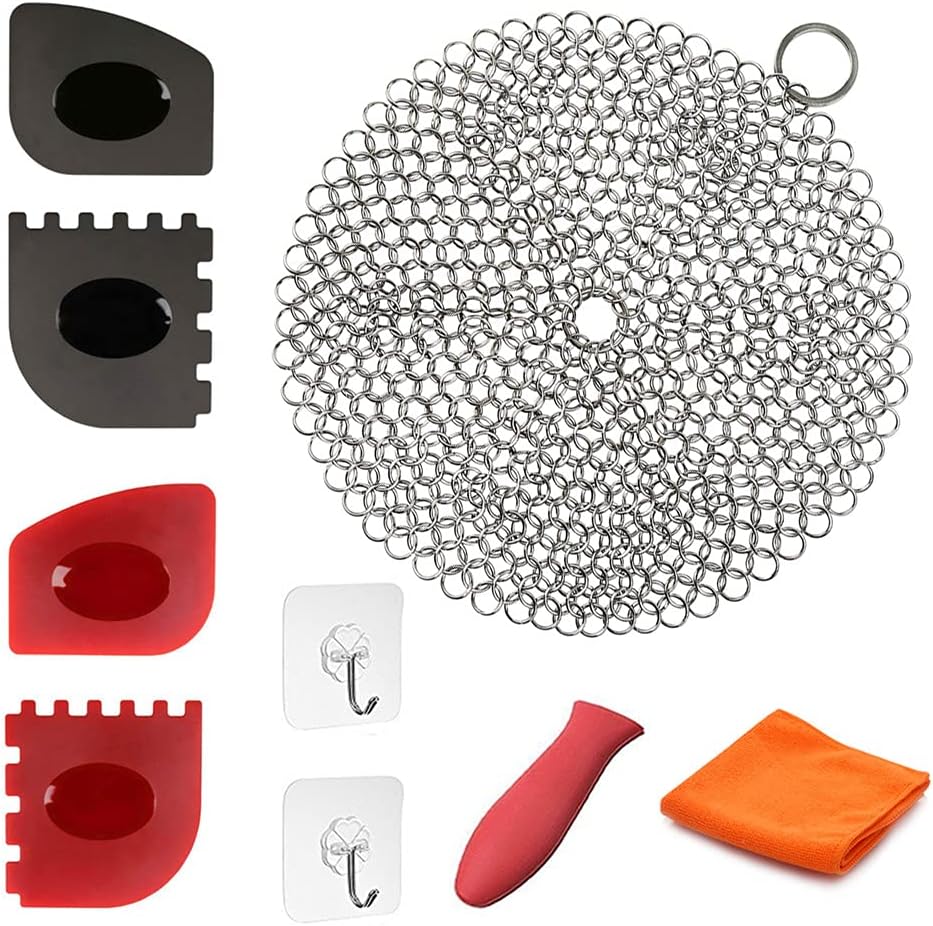 MIKER Cast Iron Cleaner 9 Packs XL 316L Stainless Steel Chainmail Scrubber for Skillets Cast Iron Pan With Silicone Hot Handle Holder+2 x Pan Scraper+2 x Grill Scraper+Kitchen Towel (Round)