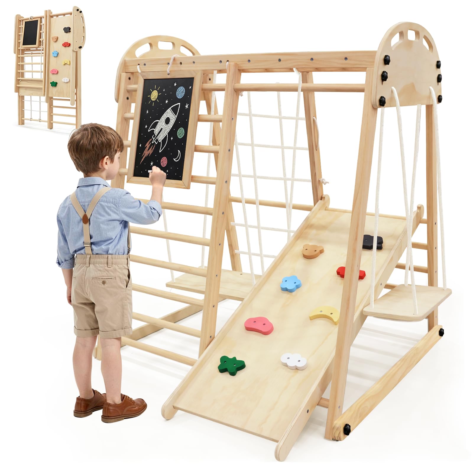 Montessori - Struttura da arrampicata per interni, a partire da 1 anno, 8 in 1, multifunzionale, per bambini, con scivolo, altalena, parete da arrampicata, rete da arrampicata, in legno