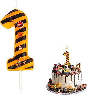 Construction Birthday Candle, Number Candles 1 Yellow and Black Stripes Candles Happy Birthday Candle 1 Constructions Themed Cake Topper for Boys Girls Kids Construction Birthday Party Supplies Decor