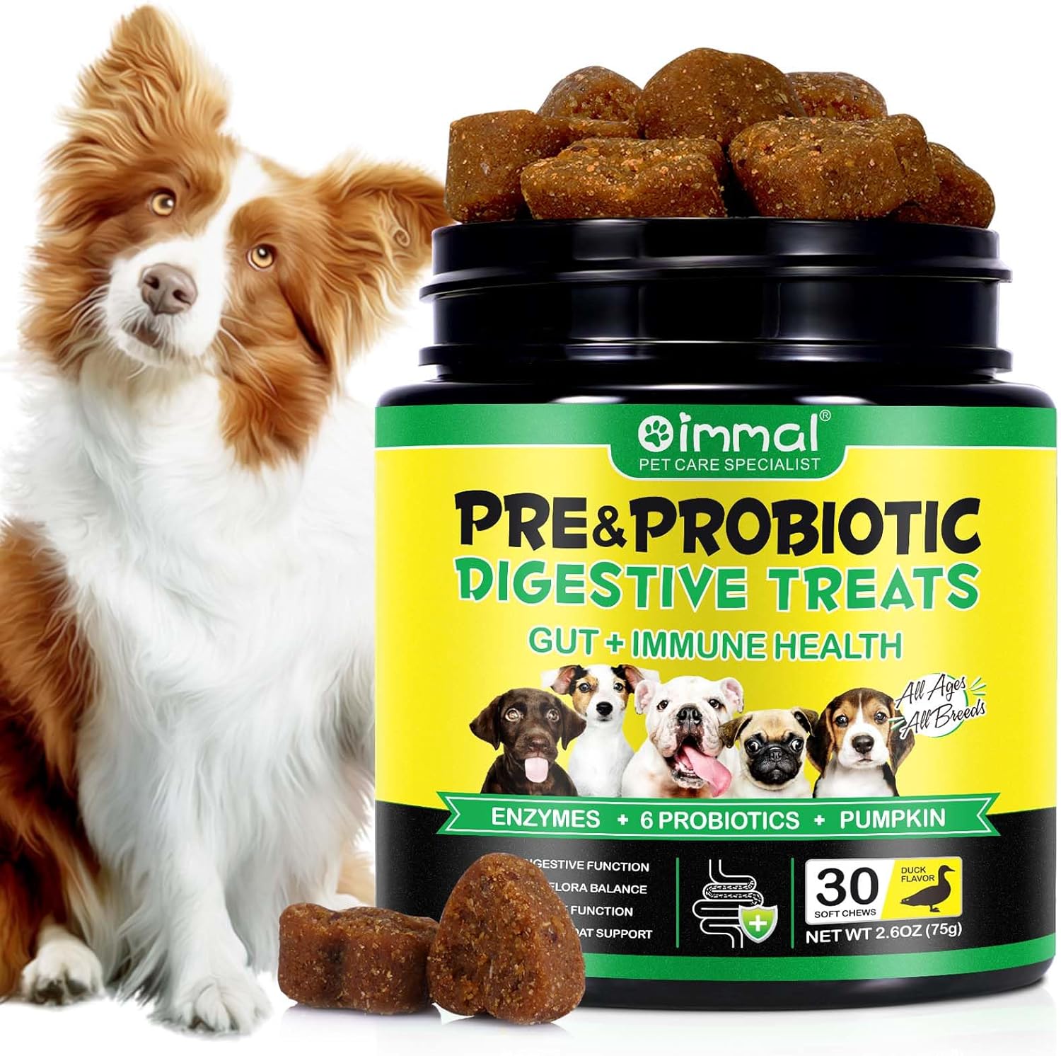 Probiotics for Dogs, Dog Digestive Health,30 Chews Probiotic Chews with Prebiotics & Probiotics, Duck Flavor, Suitable for All Dogs (30 chews)