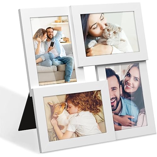 SONGMICS 4x6 Collage Picture Frames, Family Photo Collage Frame Set of 4 for Wall Decor, Glass Front, Wall Hanging or Tabletop, White