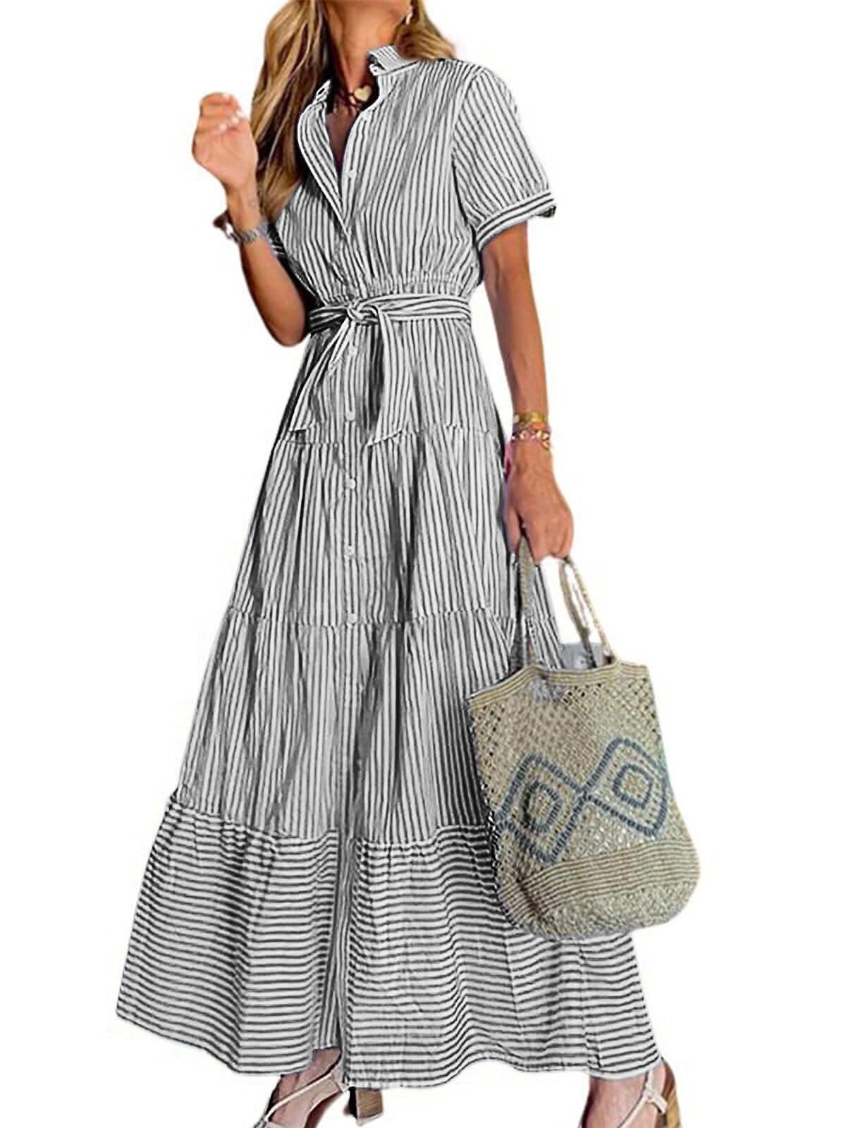 utcoco Lässiges Maxi-Hemdkleid für Damen, kurzärmelig, Knopfleiste, Taille, gerüscht, gestreift