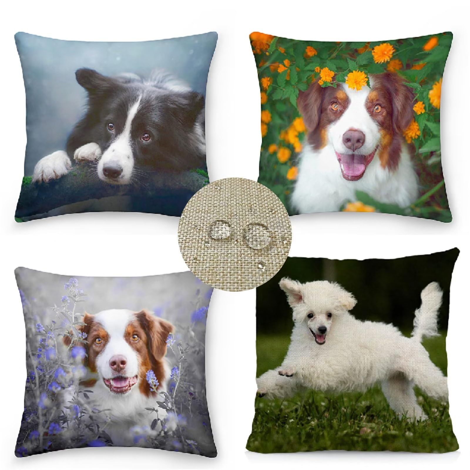 Federe Cuscini Divano 45x45 Set di 4 Cuscini per Divano impermeabile Lino Esterno Cuscini Decorativi Cane Fiore Motivo Cuscini Divano Soggiorno da Letto Estate giardino Copricuscino (Bianco) JW-4421