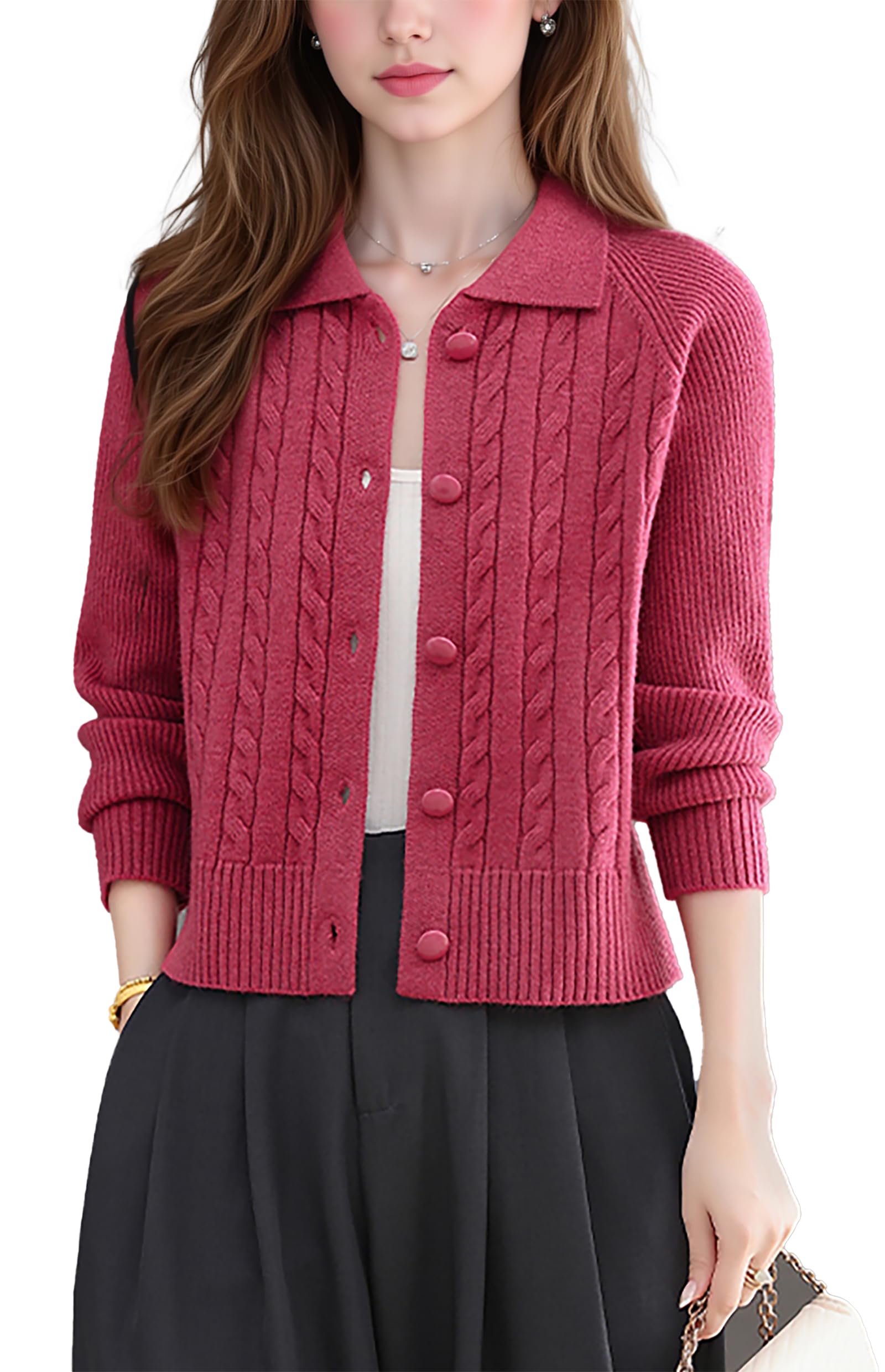 LAI MENG FIVE CATS Womens Cable Knit Cardigan Open Front Sweater Lapel Collar Chunky Knit Button Jackets