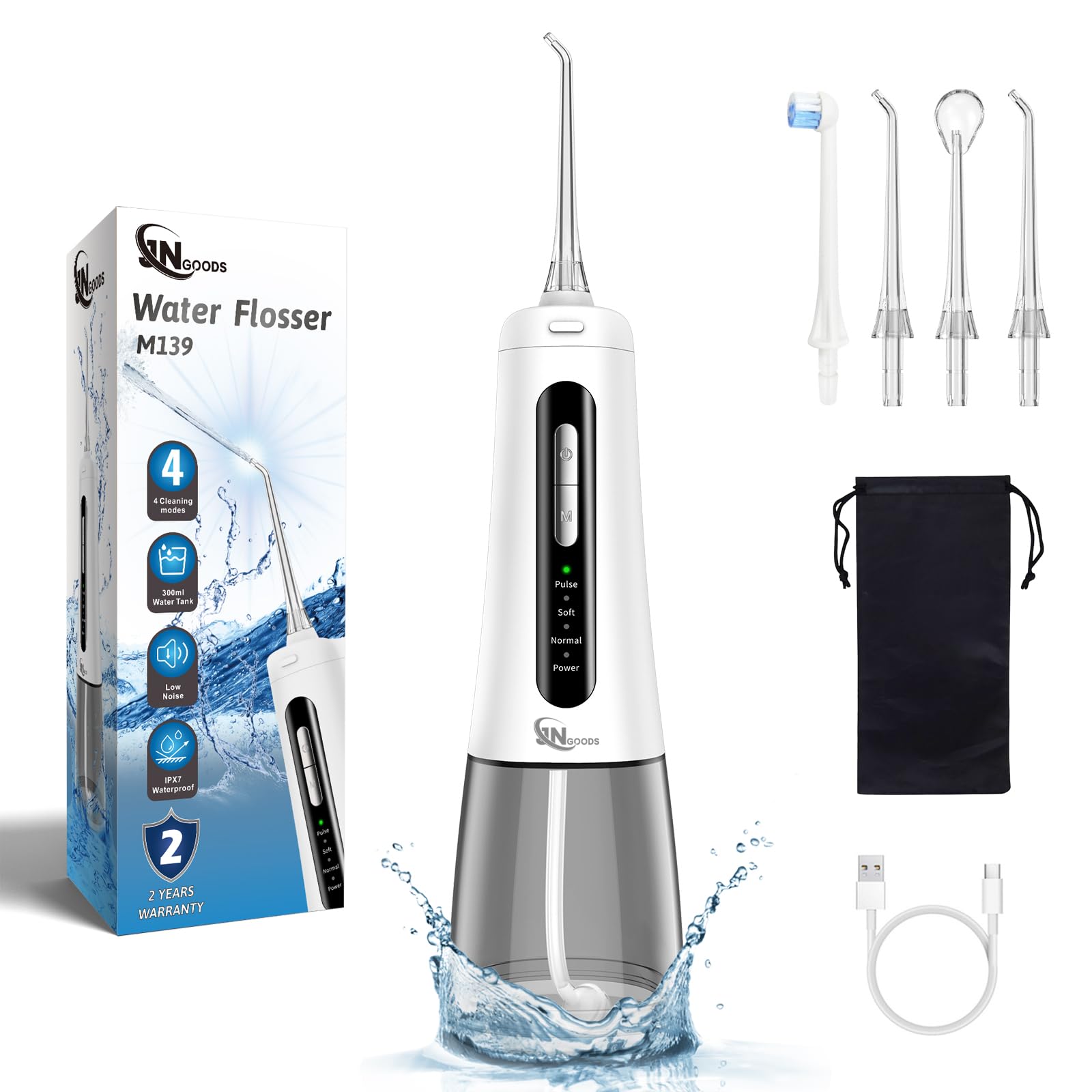 JNGOODS Cordless Water Dental Flosser Oral irrigator,JNGOODS 300ml Rechargeable Water flosser for Teeth IPX7 Waterproof 4 Modes Portable Oral
