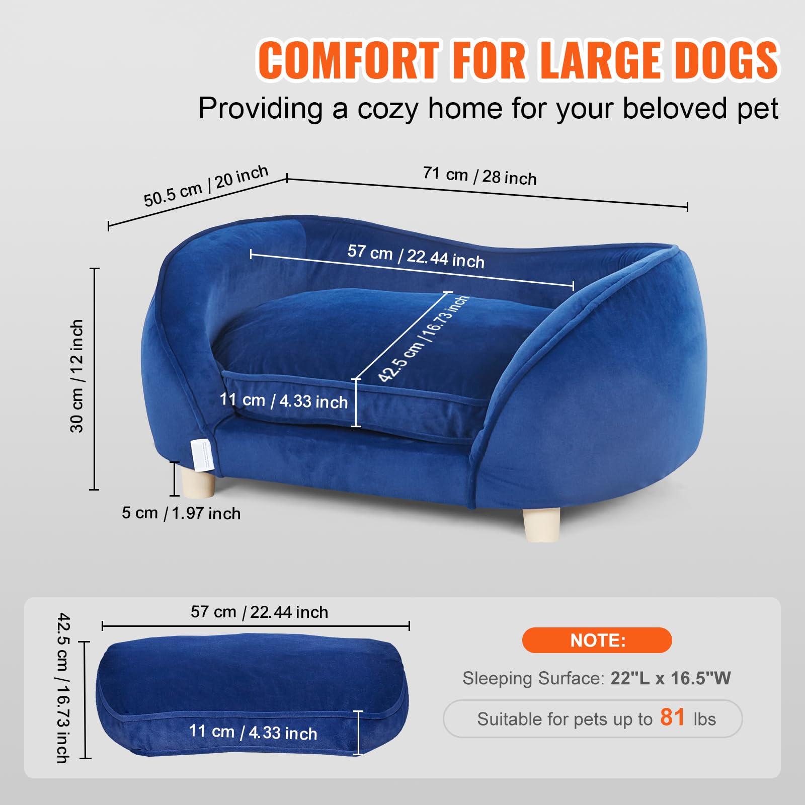 VEVOR Haustiersofa, Hundecouch für mittelgroße Hunde und Katzen, weiches samtiges Hundesofabett, 37 kg belastbares Katzensofa, Hundebett, Haustierbett Dunkelblau