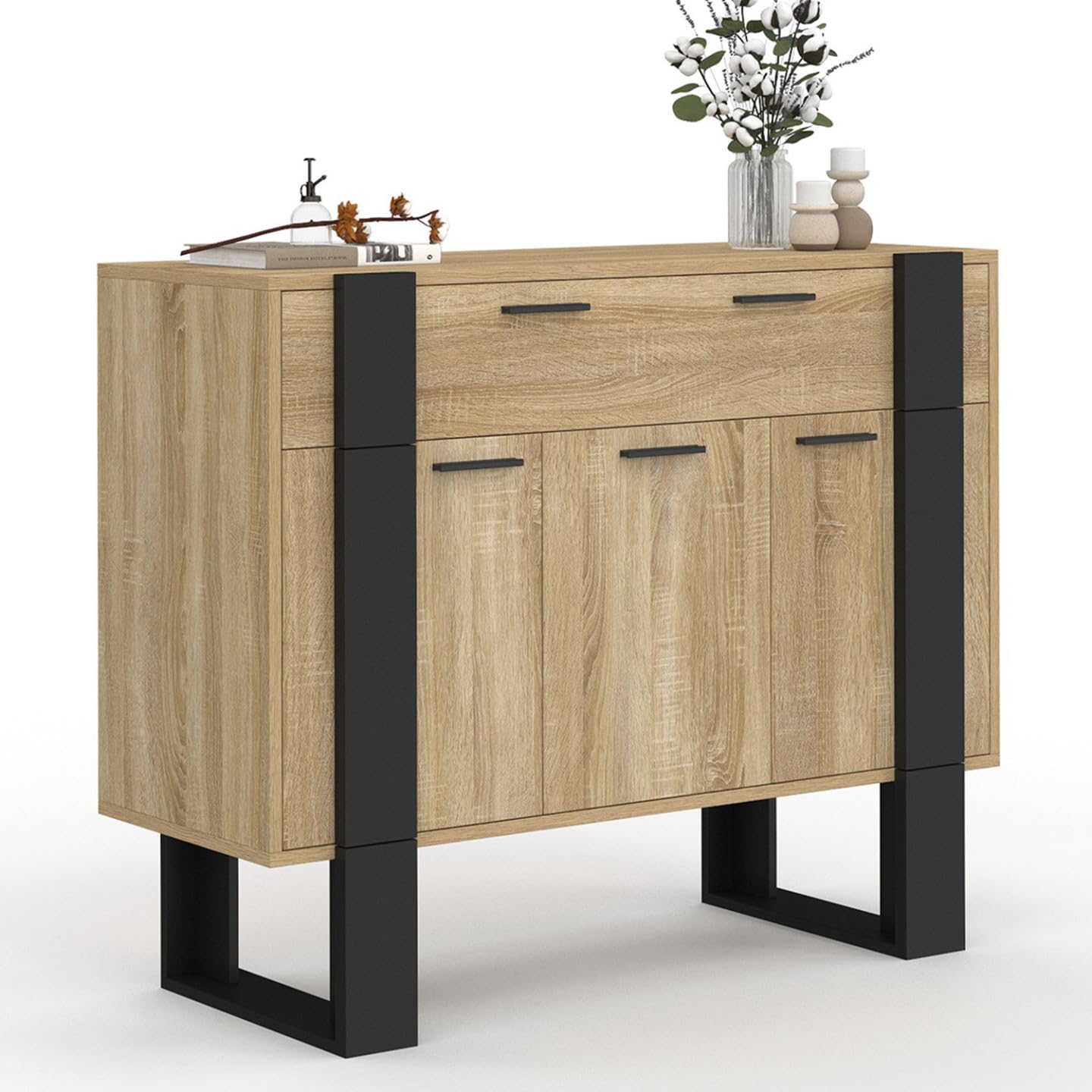 IDMarket - Mueble aparador Phoenix 100 cm con 3 puertas y 1 cajón, madera y negro
