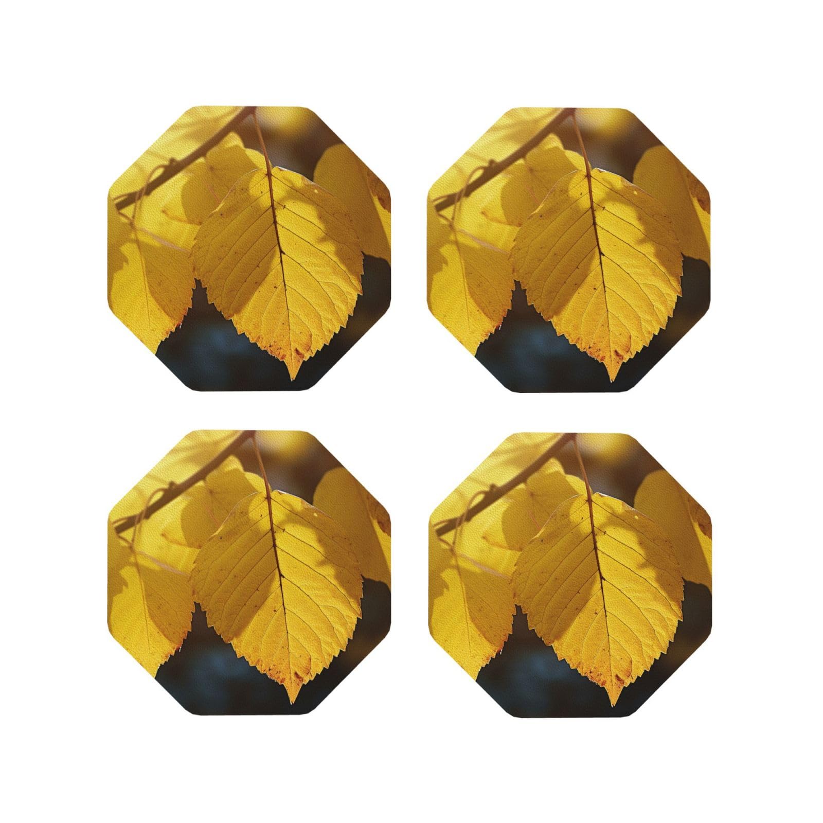 4Pcs PU Leather Coaster for Drinks, Yellow Leaves Cup Coastersr 4" Cup Mat Pad, Aesthetic Drink Coasters for Coffee Table, Octagon Coaster for Tabletop Protection