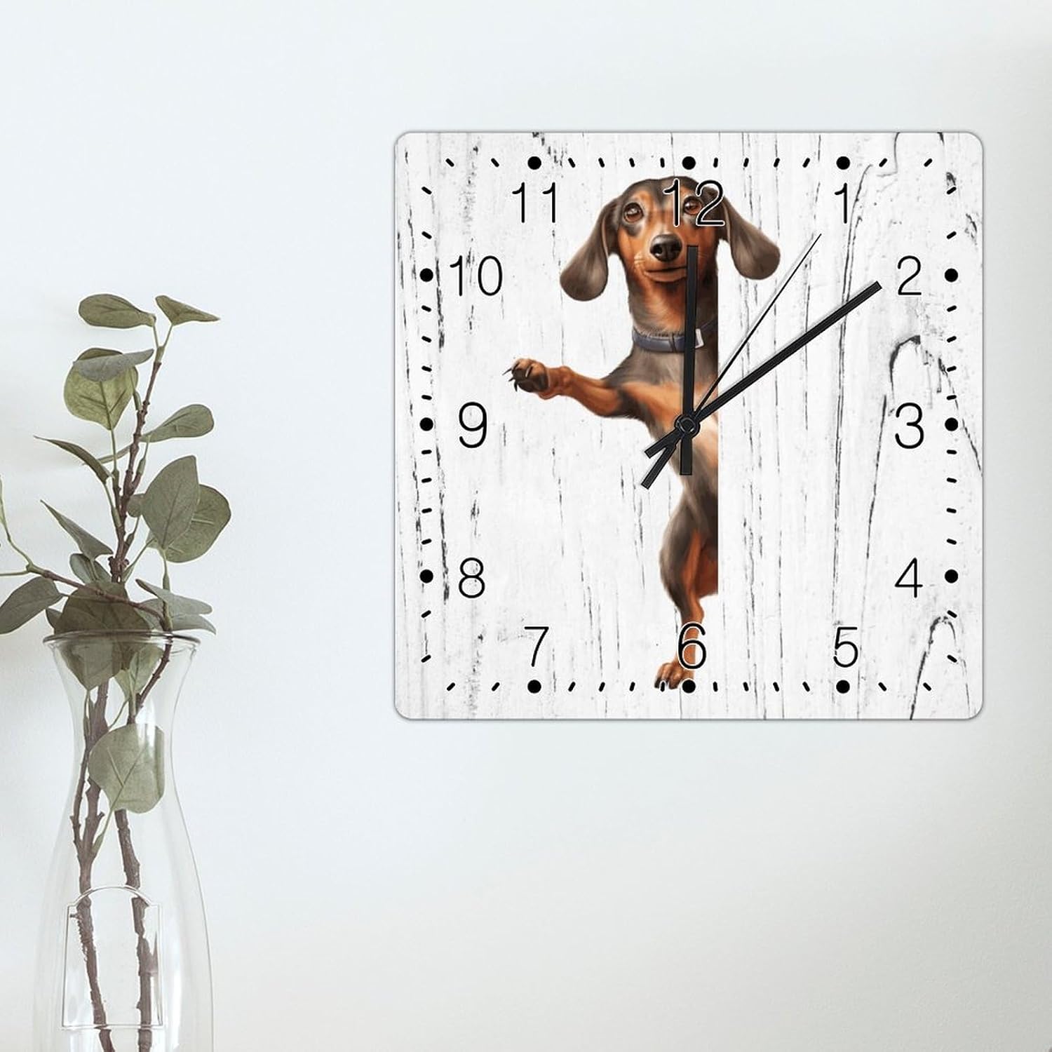 Dachshund Dog Peeking ASquare Corner Clocks Dachshund Wooden Wall Clocks Battery Operated Square Wall Clock Gift for Dog Mom Art Clock for Living Room Bedroom 15x15in
