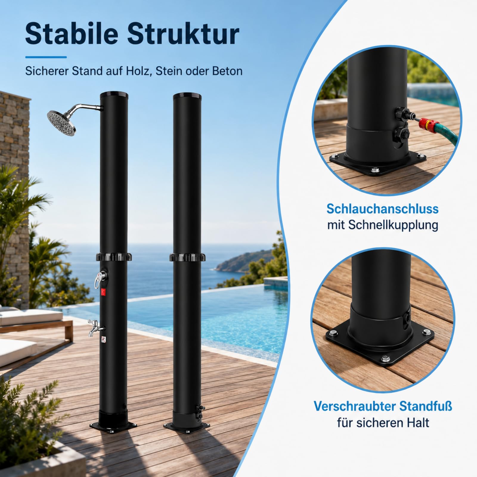 Douche Solaire 40 litres, Douches de Jardin avec Douche Réglable et Robinet, Solaire pour Piscine Douche, Température Maximale de 60°C - Idéal pour Camping, Jardin et Piscine Exterieure