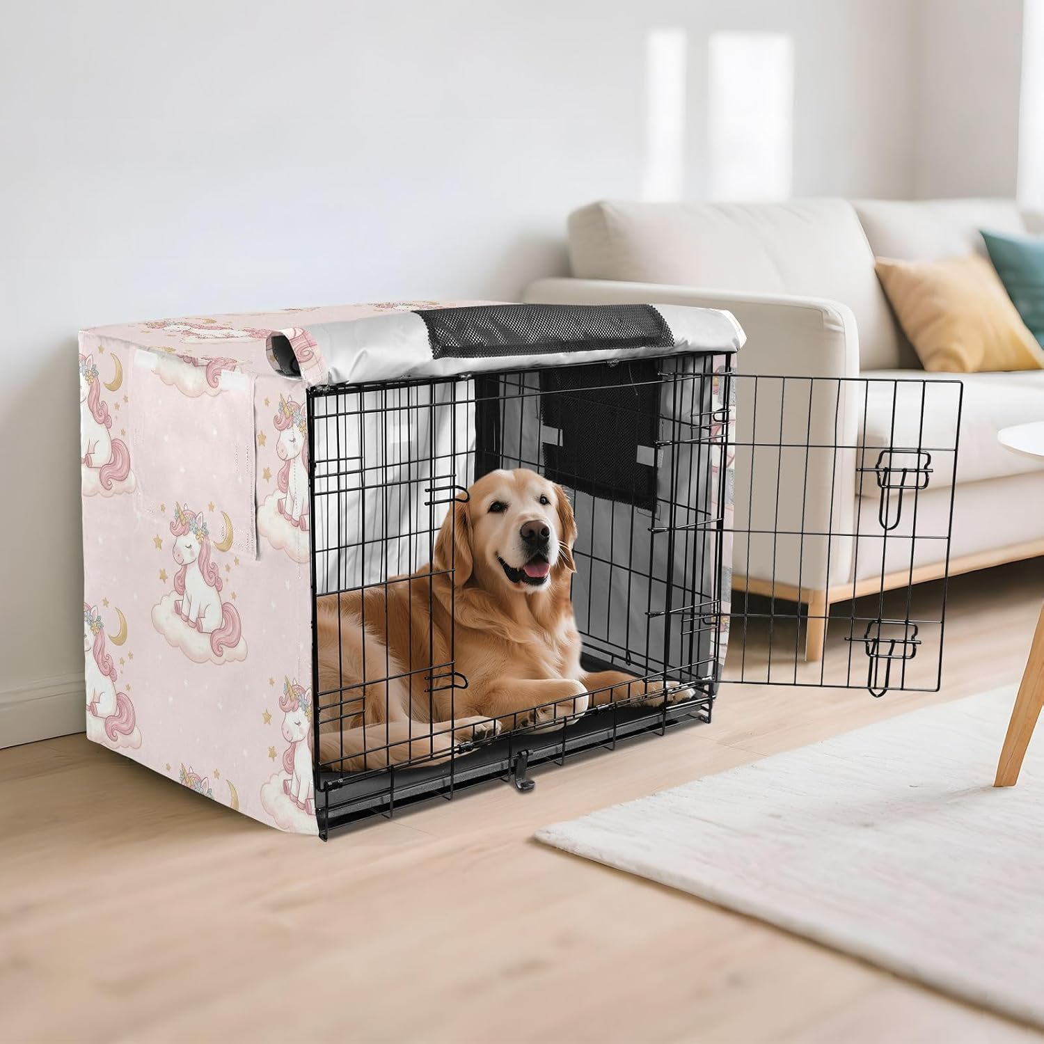Duty 600D Silver Coated Dog Crate Cover, Water-Resistant Unicorn Print Pet Kennel Canopy with Mesh Windows for Optimal Ventilation, Universal Fit for Standard Wire Cage, Indoor & Travel