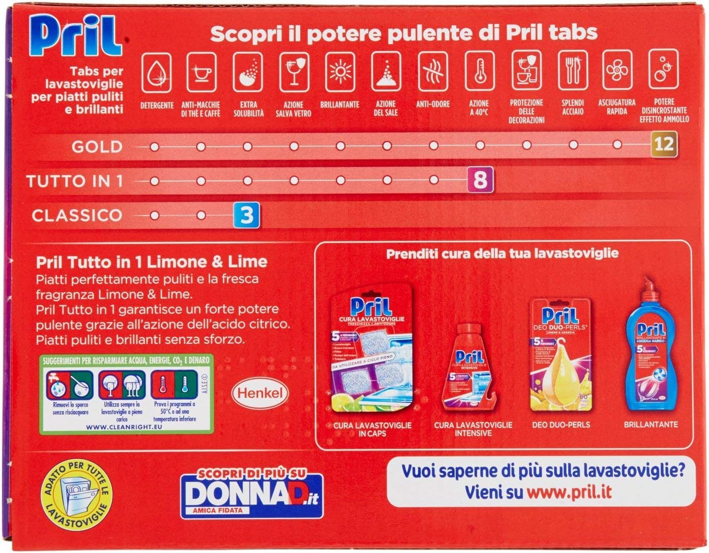 Pril - Detergente completo todo en 1 limón y lima, pastillas para lavavajillas, detergente completo ya a 40°, 8 acciones, 7 x 26 pastillas + Polpa italiana Gourmet 400 g
