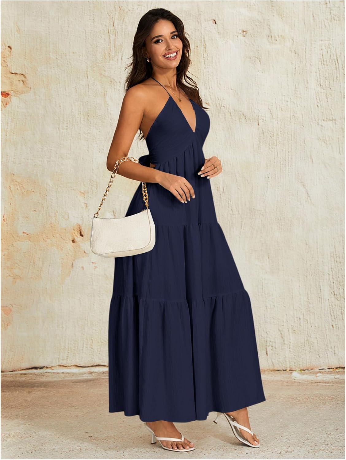 OYOANGLE Women's Summer Beach Formal Wedding Guest Dress Backless Flowy Vacation Boho Maxi Dresses - Image 4