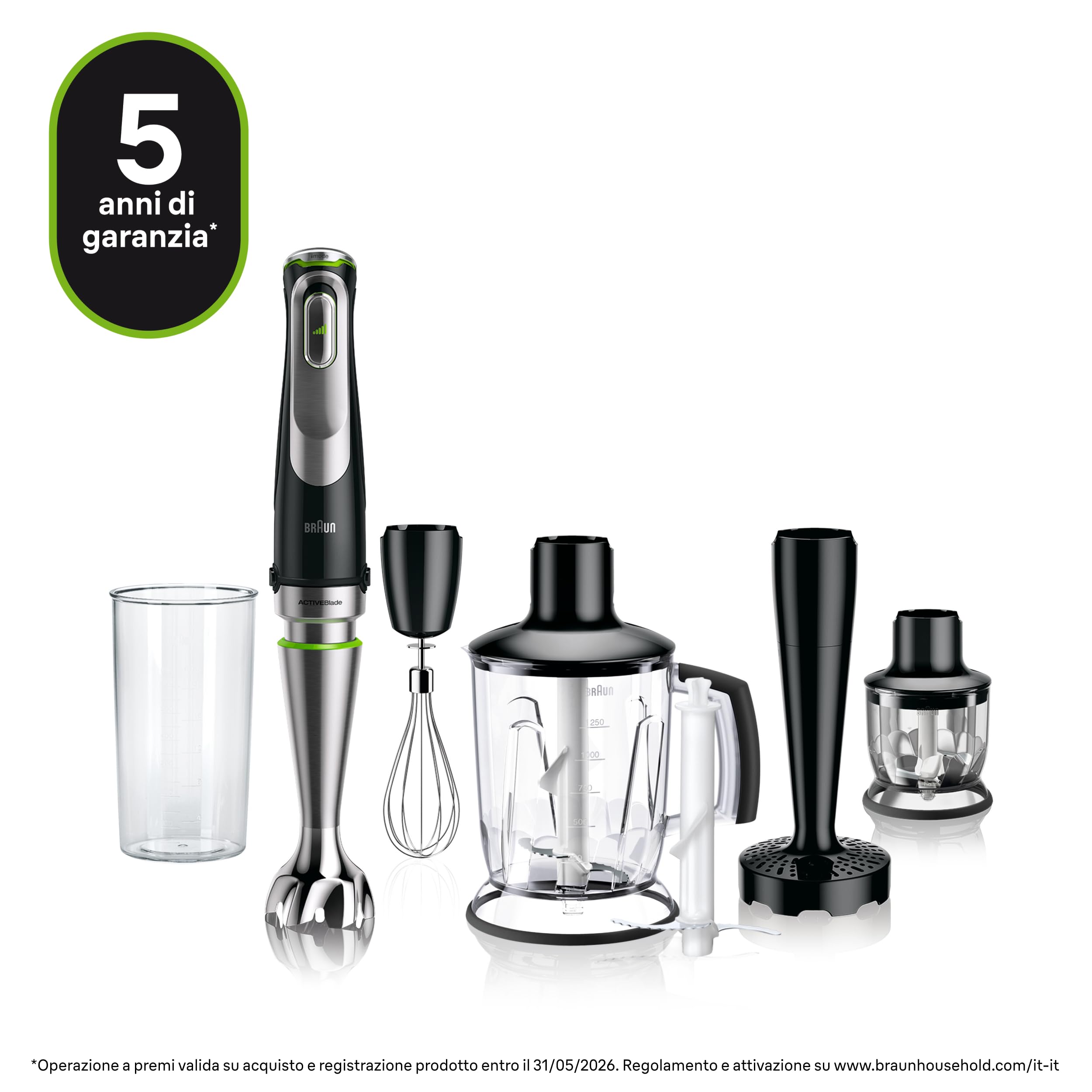 Braun MultiQuick 9 - Frullatore a Immersione Anti Splash, Selezione di Velocità Precisa, Active PowerDrive, Frullatore a Caraffa, Tritatutto, Bicchiere 600 mL, 1200W, Nero (MQ9147X)
