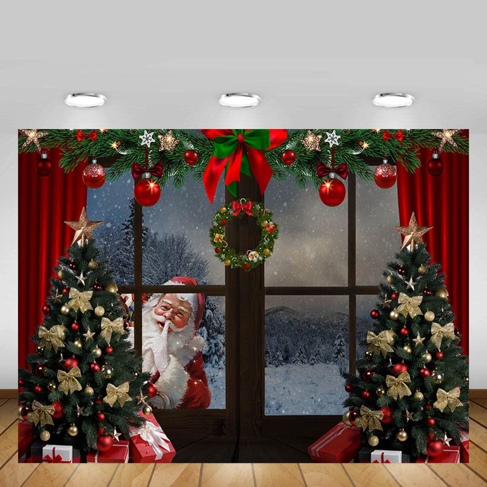 MEHOFOND 7x5ft Christmas Backdrop Xmas Tree Gift Box Santa Claus Garland Window Winter Snow Scene Photography Background Family Festival Decoration Photo Studio Booth Props Supplies - Image 2