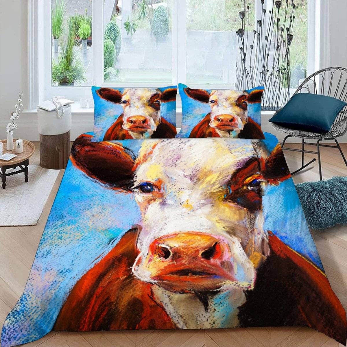 RFFLUX 3D Cows King size Bedding Sets 3 Pieces 220x230 Ultra Soft Microfiber Abstract Oil Painting Cow Duvet Cover with Zipper Closure Easy Care Quilt Cover with 2 Pillowcase for Adults Room Decor