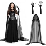 Tulle Hooded Black Cape with Long Nail Claw Gloves Vampire Costumes Demon Witches Cloak Black Cat Cosplay for Women Halloween