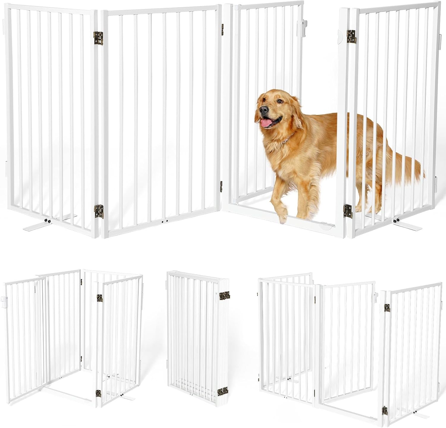 Metal Freestanding Dog Gates with Door for Outdoor Indoor,80'' Extra Wide 36'' Tall Free Standing Dog Gate for Doorways,Large Openings,Deck,Yard,Porch,Foldable Pet Fence(White,4 Panels) White ?4 Panels with Door? 36''H*80''W