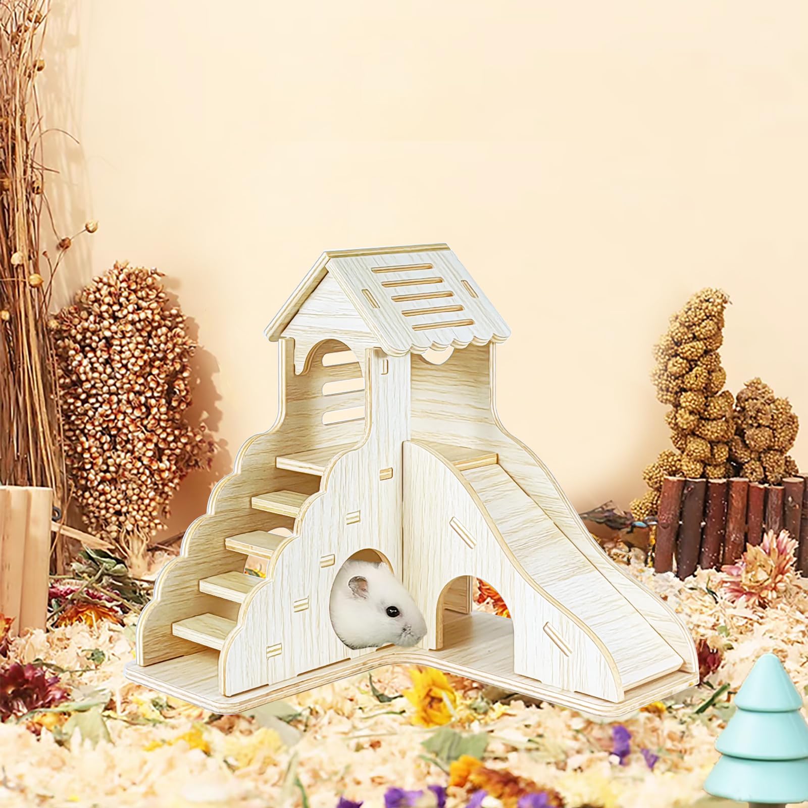 Dwarf Hamster Cage Accessories Wood Hamster Hideout House With Ladder ...