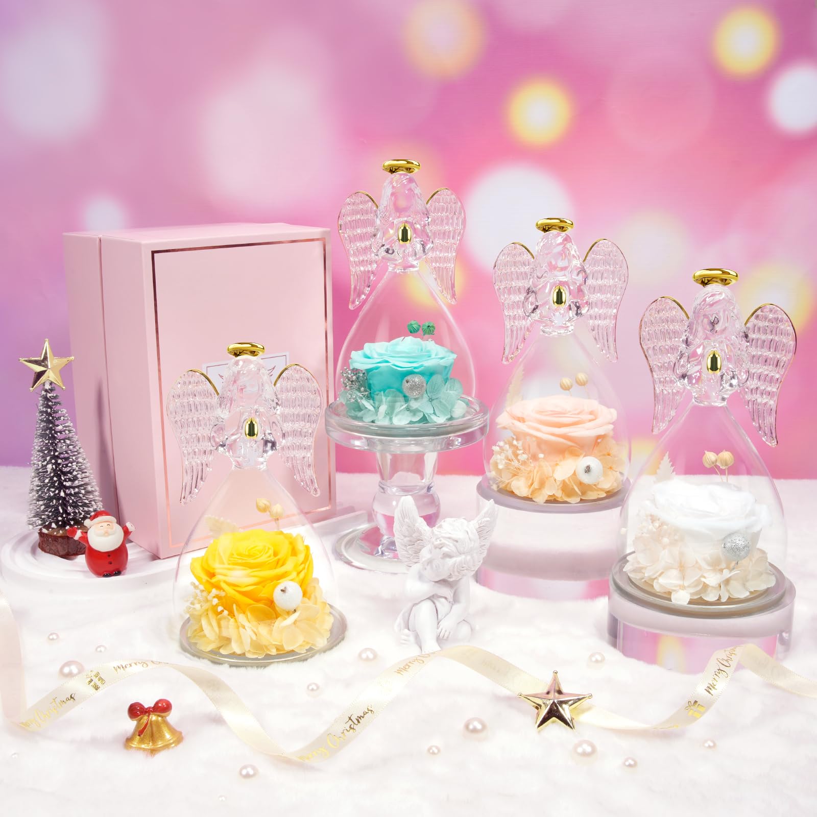 Sunia Rosa Eterna Regalos Originales para Mujer, Flores Preservadas Regalo Madre, Flore Eterna con Figura Ángel Regalo Cumpleaños Mujer Mama Abuela, Regalos Navidad San Valentin Dia de la Madre
