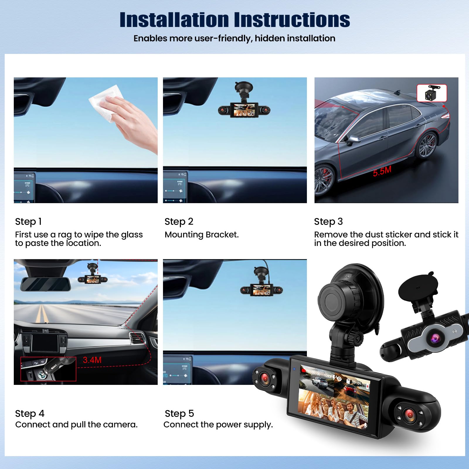 SIXTOP 4 Cámaras Dashcam con Visión Envolvente 360° DVR para Coche Pantalla Full HD 1080P 3 Pulgadas, Detección de Movimiento, Grabación en Bucle Asistencia de Marcha Atrás para Coche/Camión