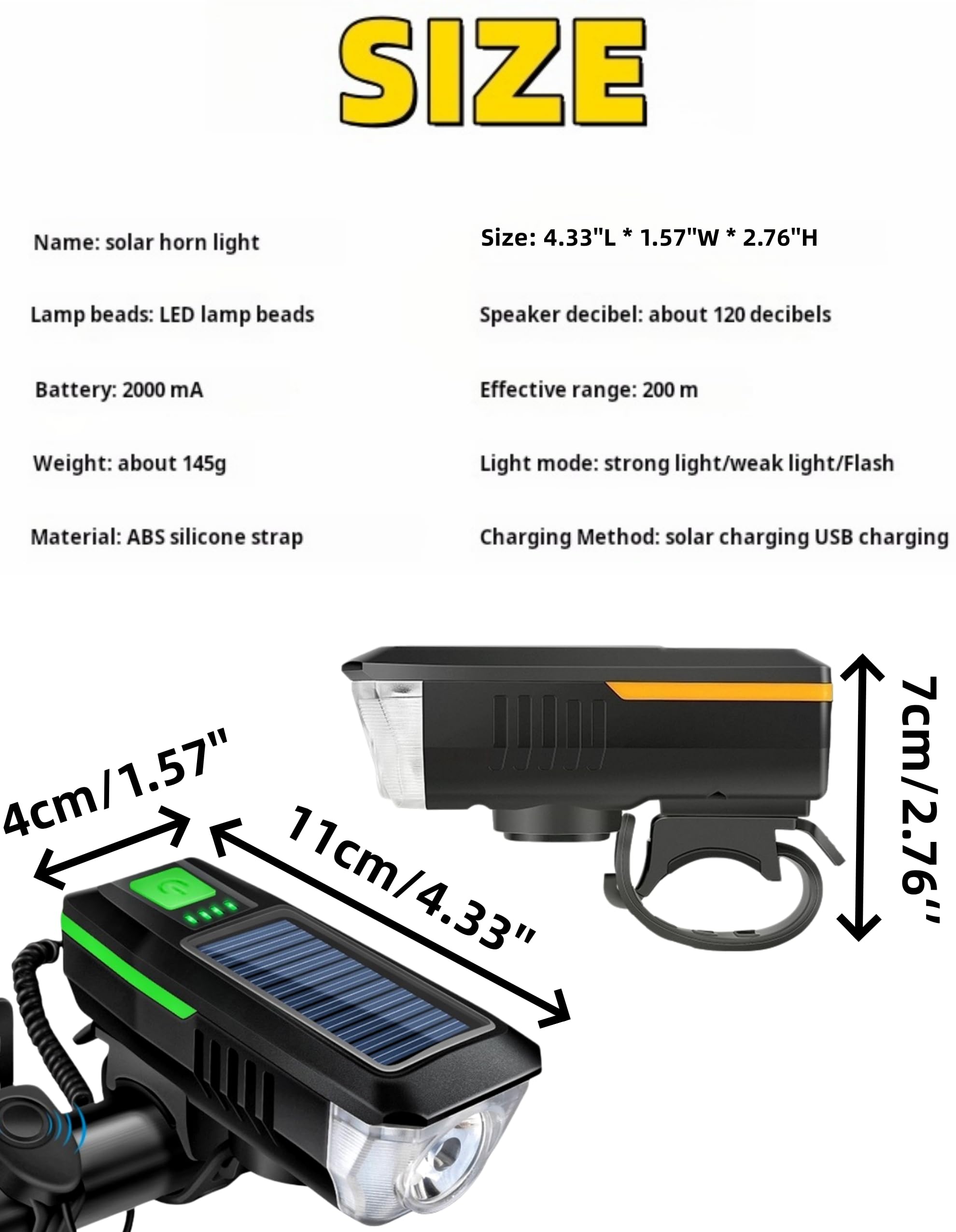 Batería multifuncional con energía solar y recargable por USB, para bicicleta de montaña, ciclismo nocturno, luz de alto brillo, luz delantera y luz de carga de bicicleta de 120 dB
