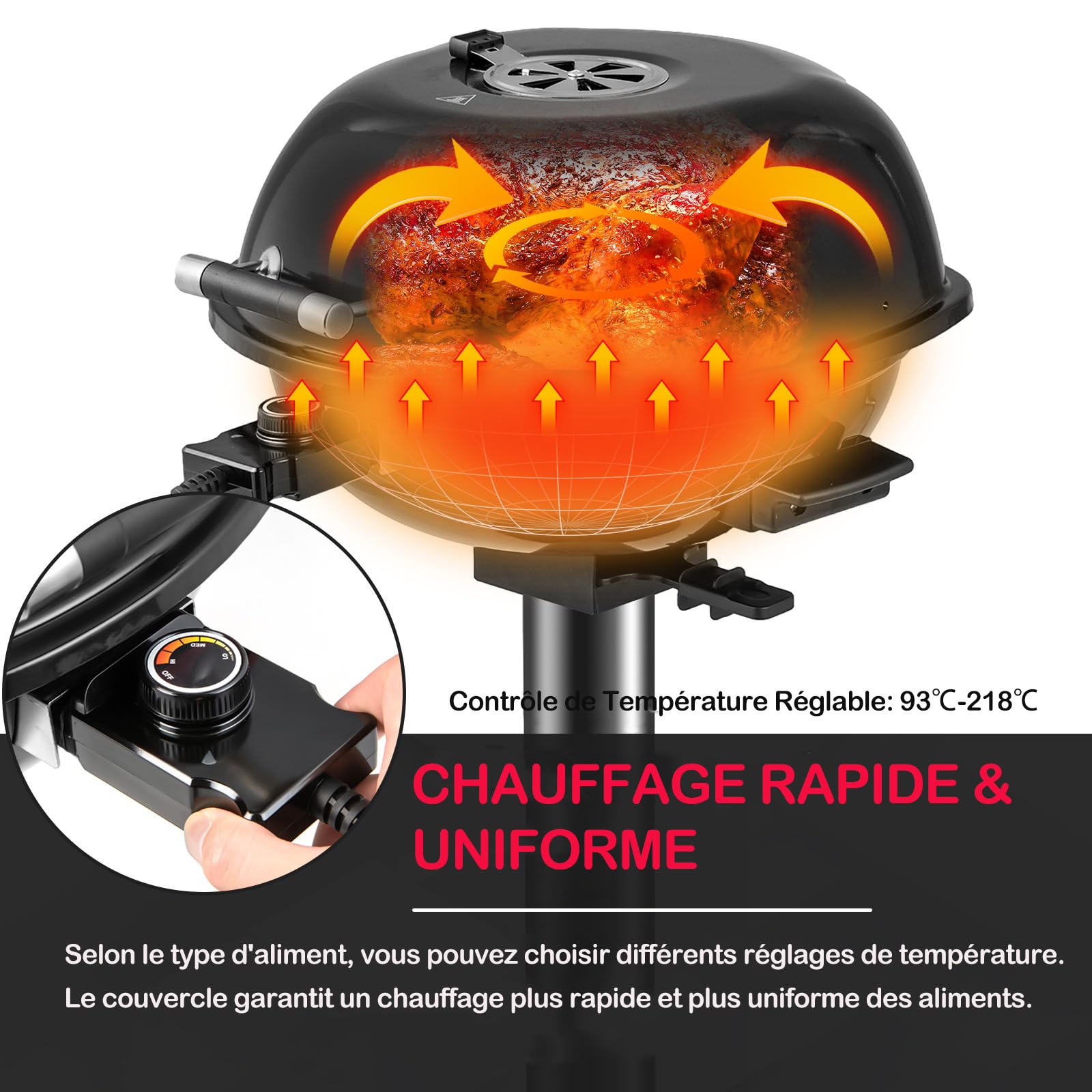 GYMAX Gril Barbecue Électrique sur Pied, Température 93-218°C, Puissance 1600W, Usage Intérieur et Extérieur, Portable avec Support pour Terrasse Balcon Cuisine Jardin