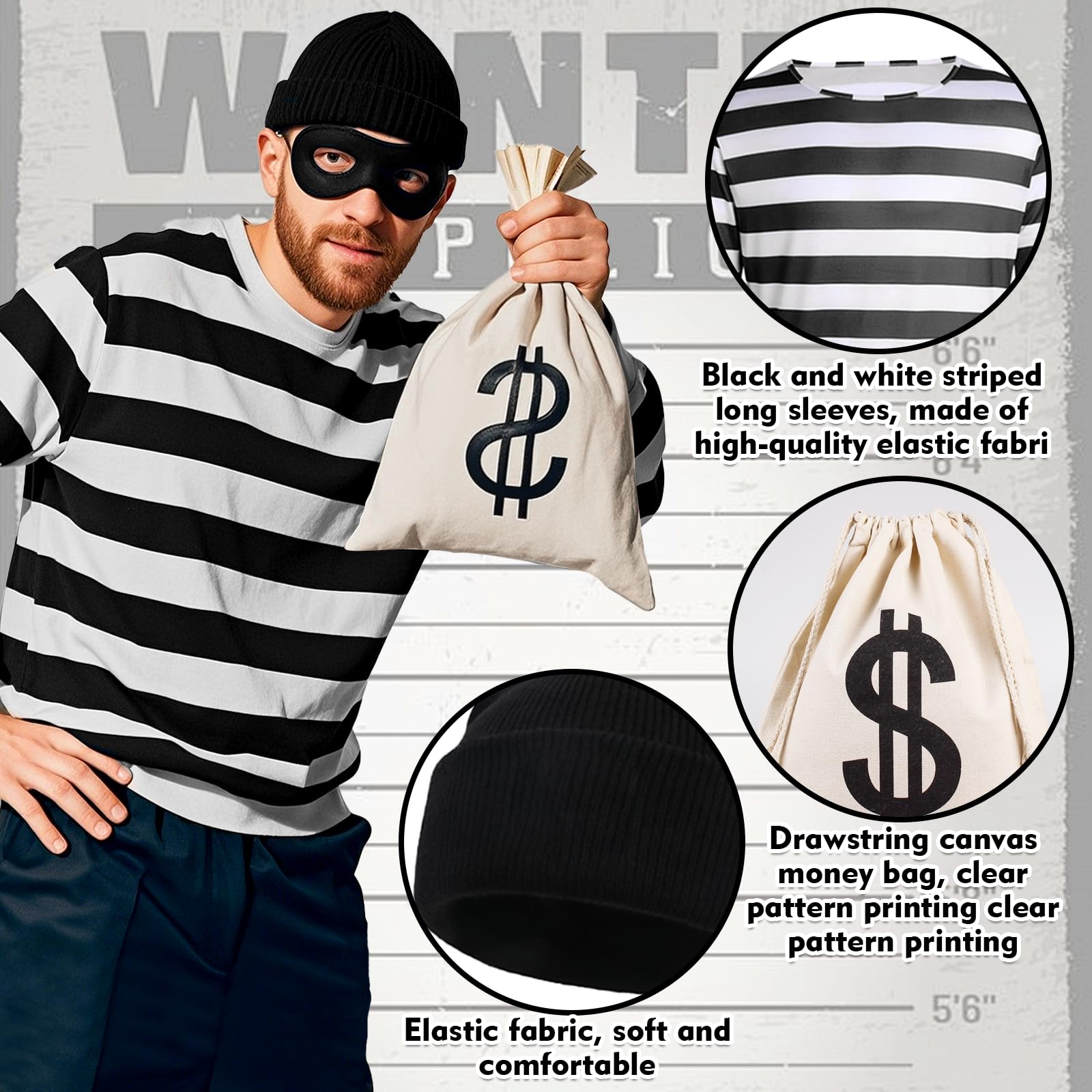 Adults Burglar Costume, Robber Fancy Dress Costume Set - Image 3