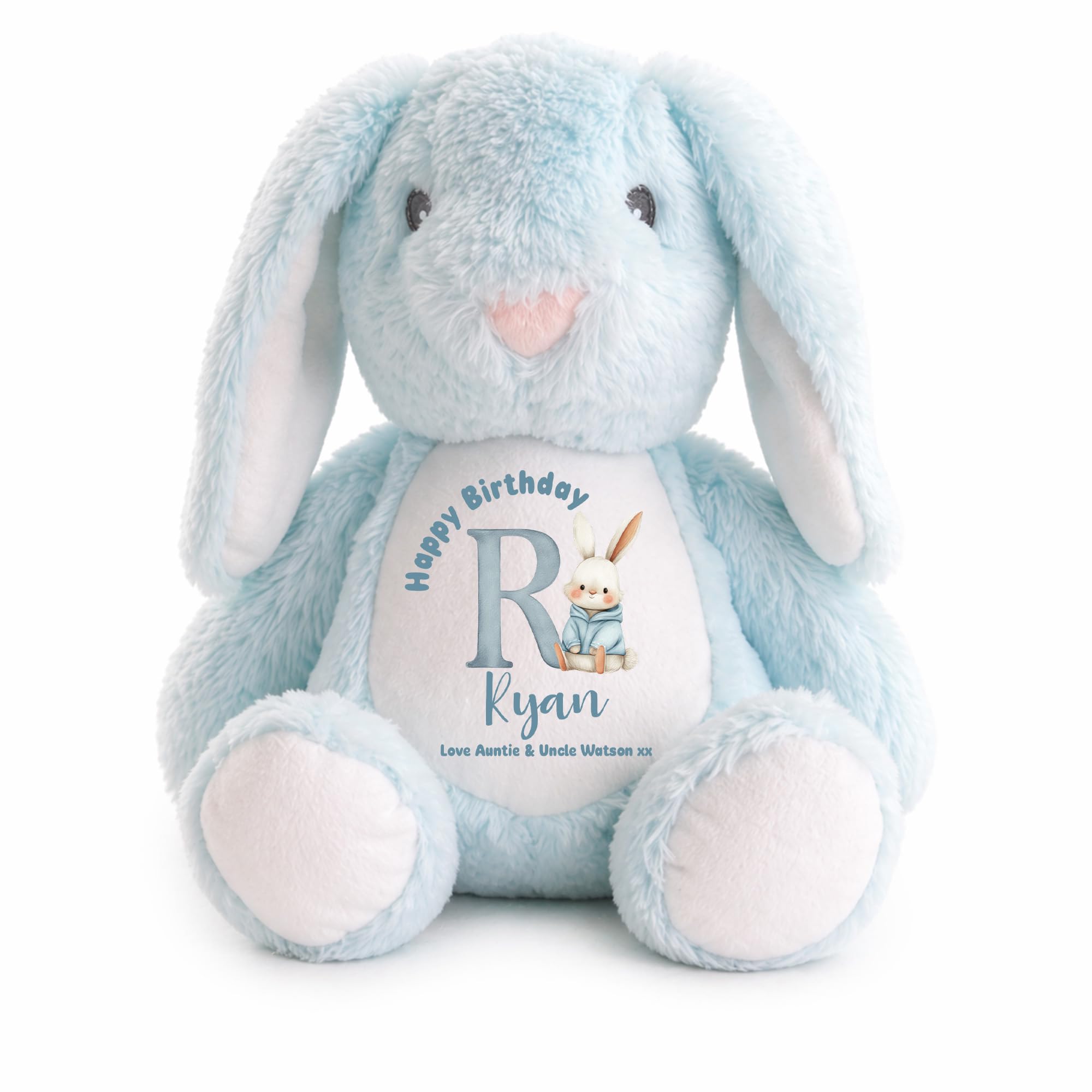 Personalised Birthday Bunny Plush Toy, Custom Name Initial Rabbit Gift, Happy Birthday Keepsake Teddy, Baby Present with Cute Bunny Design