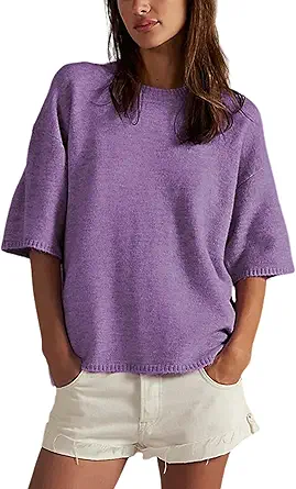 Yeokou Women Sweater Tee Casual Crewneck Short Sleeve Pullover Top Ribbed Knit Loose Shirt