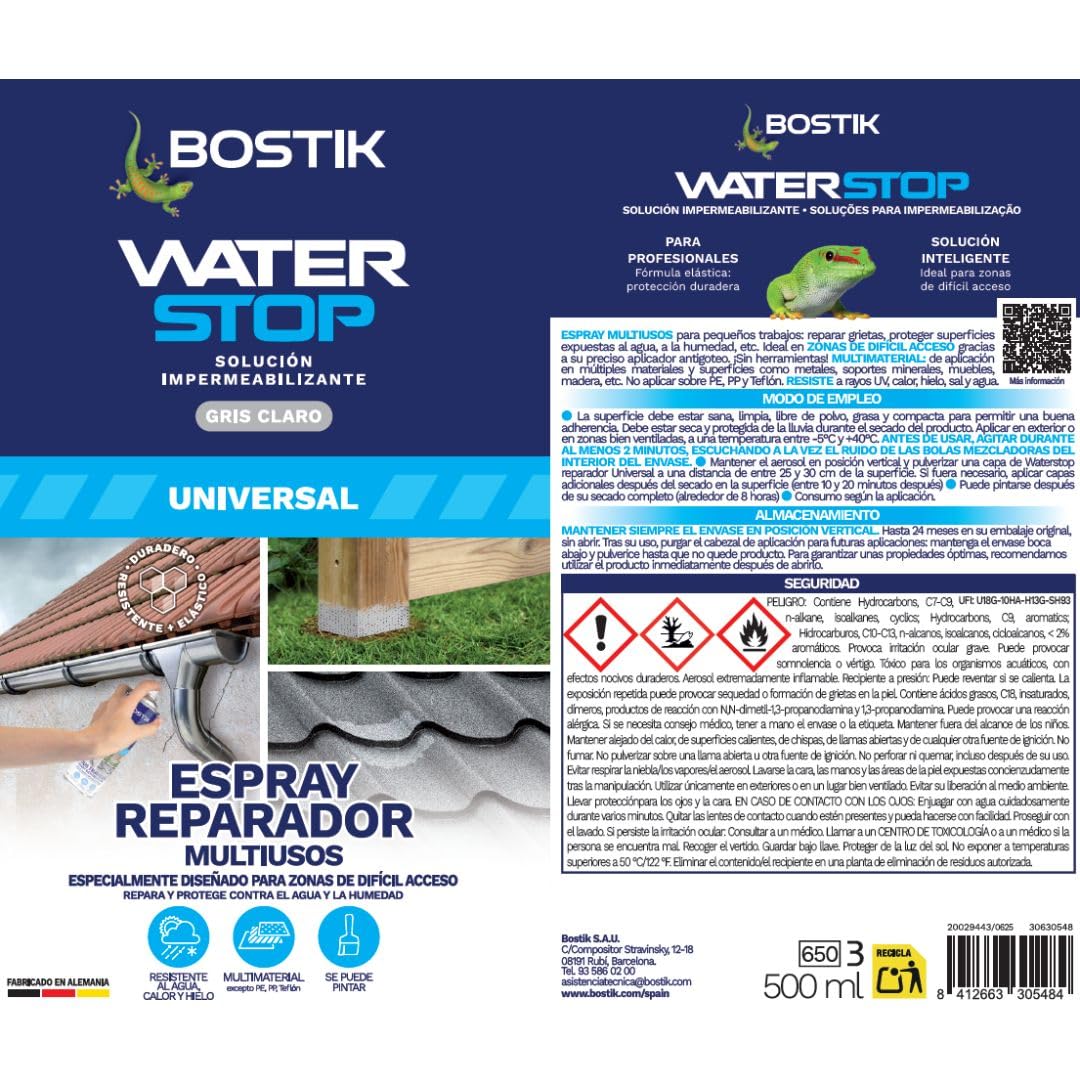 BOSTIK Waterstop Espray Reparador Multiusos Gris – Spray Impermeabilizante Listo al Uso, Aplicador Antigoteo Preciso, Resistente a Rayos UV, Calor, Agua y Sal, Pintable, Interior y Exterior, 500 ml