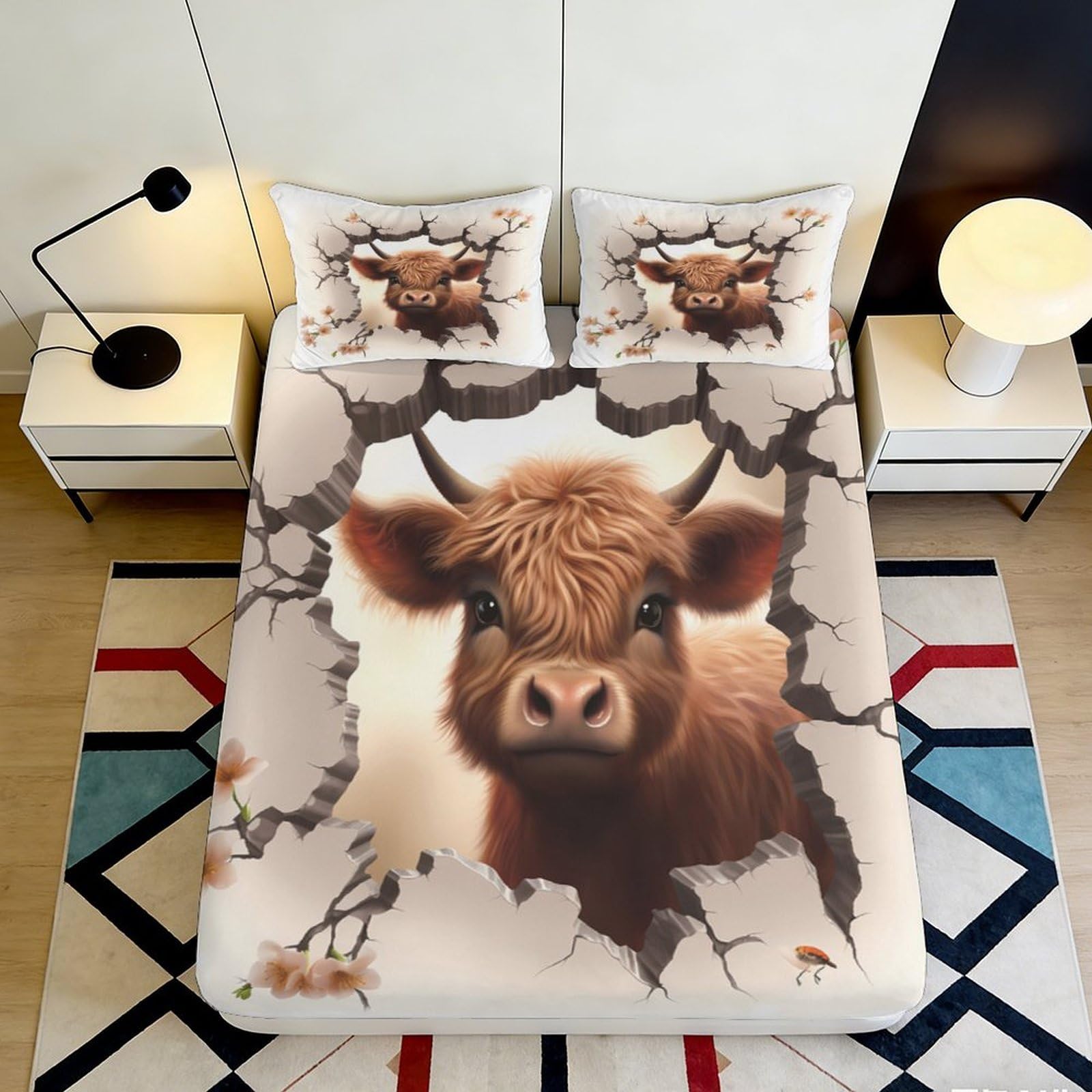 3D Printed Highland Cow Fitted Sheet Microfiber Soft Durable 3D Printed Rustic Bull Mattress Cover for Bedroom Dormitory Guest Room Protection 200x200x25cm